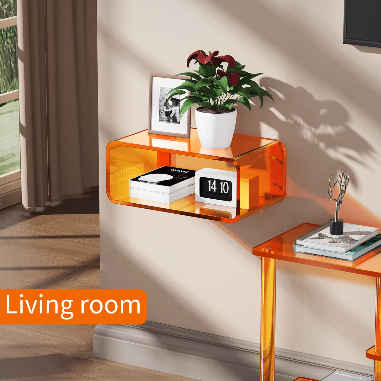 Dewrhiixe Acrylic Floating Nightstand, Bedside Table, Nightstand Shelf Wall Mounted Bedside Shelf (Orange, Small) Dewrhiixe
