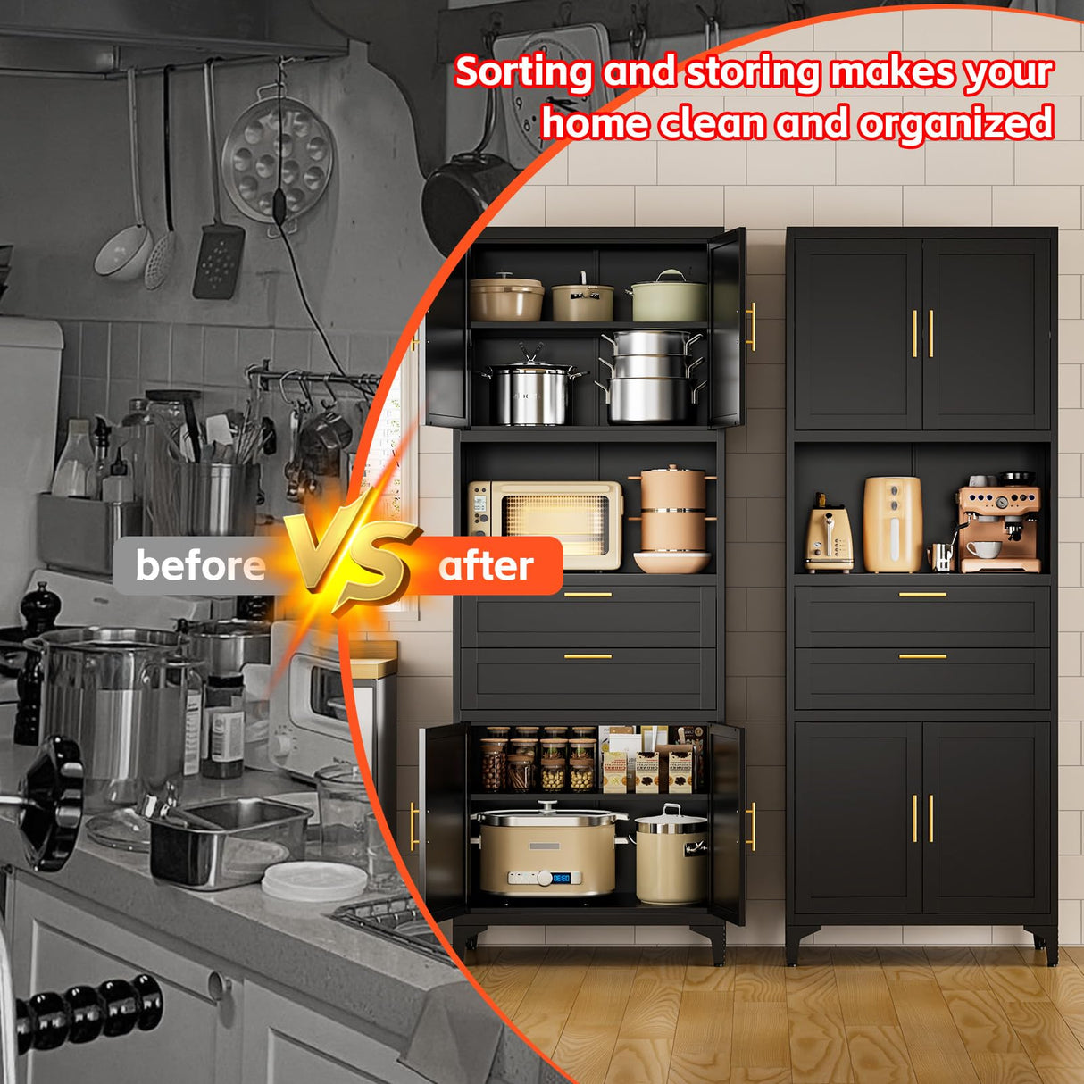 steelftyn 75" Pantry Storage Cabinet, Metal Cupboard with 2 Drawers, Tall Cabinet with 4 Doors and 2 Adjustable Shelves, Kitchen Storage, Cupboard for Dining Room, Living Room, Black steelftyn