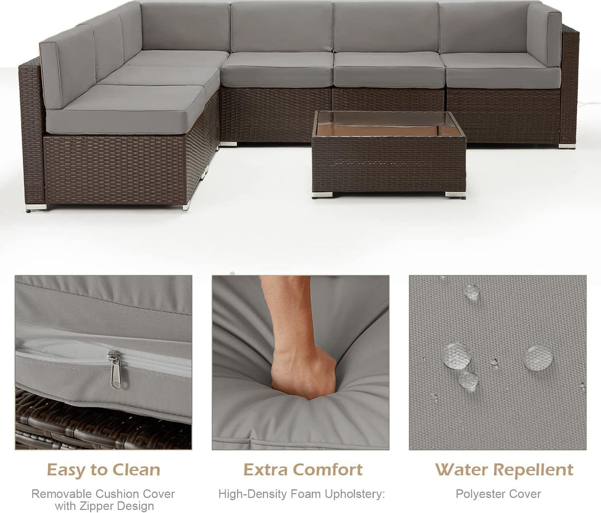 U-MAX 7 Piece Outdoor Patio Furniture Set, PE Rattan Outdoor Brown Wicker Furniture, Outdoor Sectional Furniture Chair Set with Cushions and Tea Table, Brown Rattan and Dark Grey Cushion U-MAX