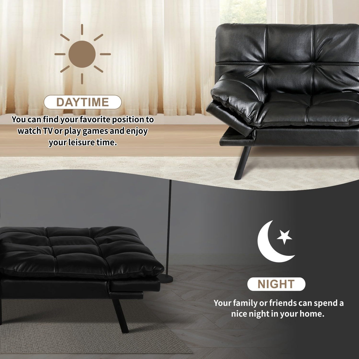 Opoiar 71" Convertible Futon Sofa Bed & Sleeper Couch - Memory Foam Loveseat Sofa with Adjustable Backrest/Armrest for Small Space, Apartment, Living Room - Black Opoiar