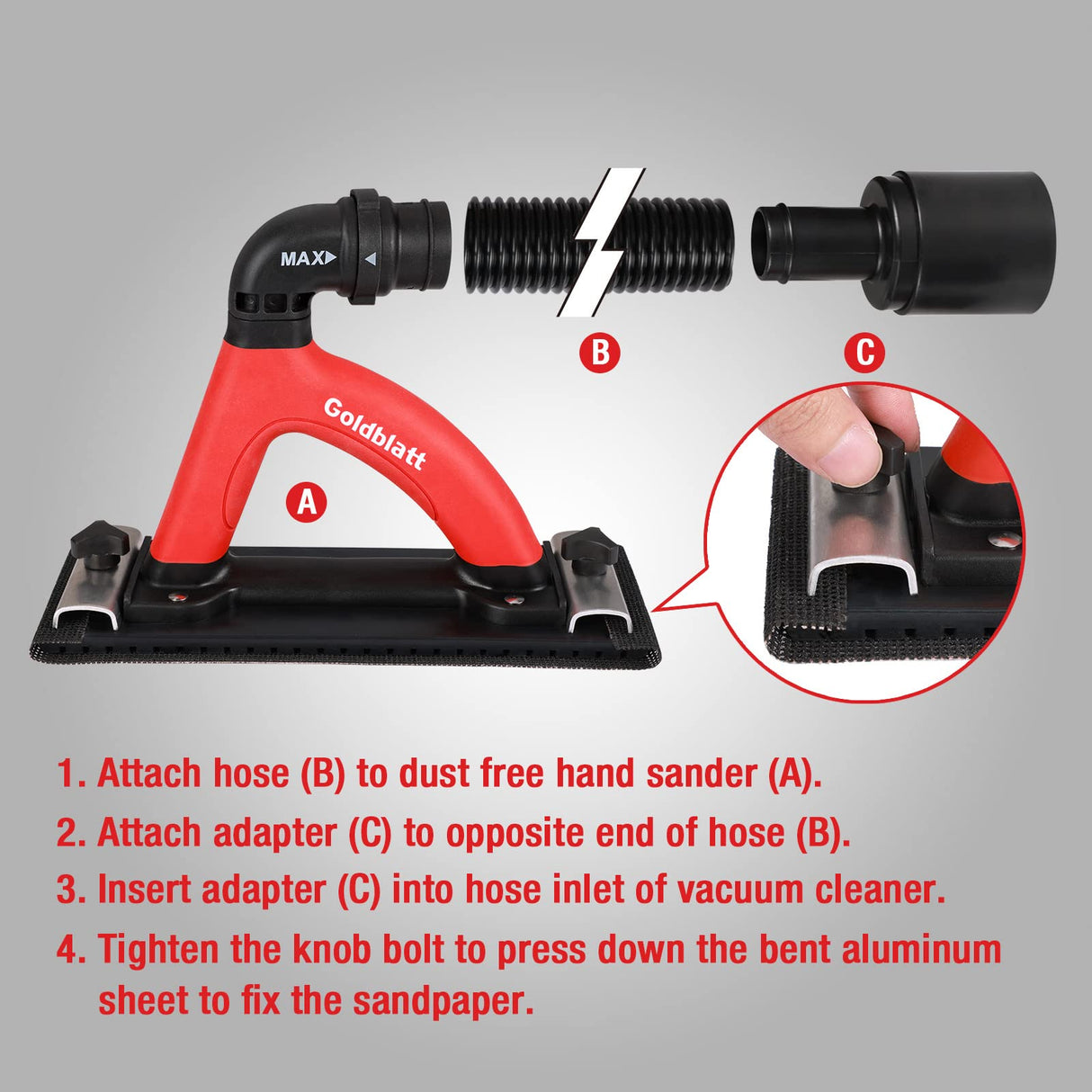 Goldblatt Dust Free Hand Sander, Dustless Drywall Vacuum Sander, with 6.5 ft Hose, Sanding Pad, Adapter Goldblatt