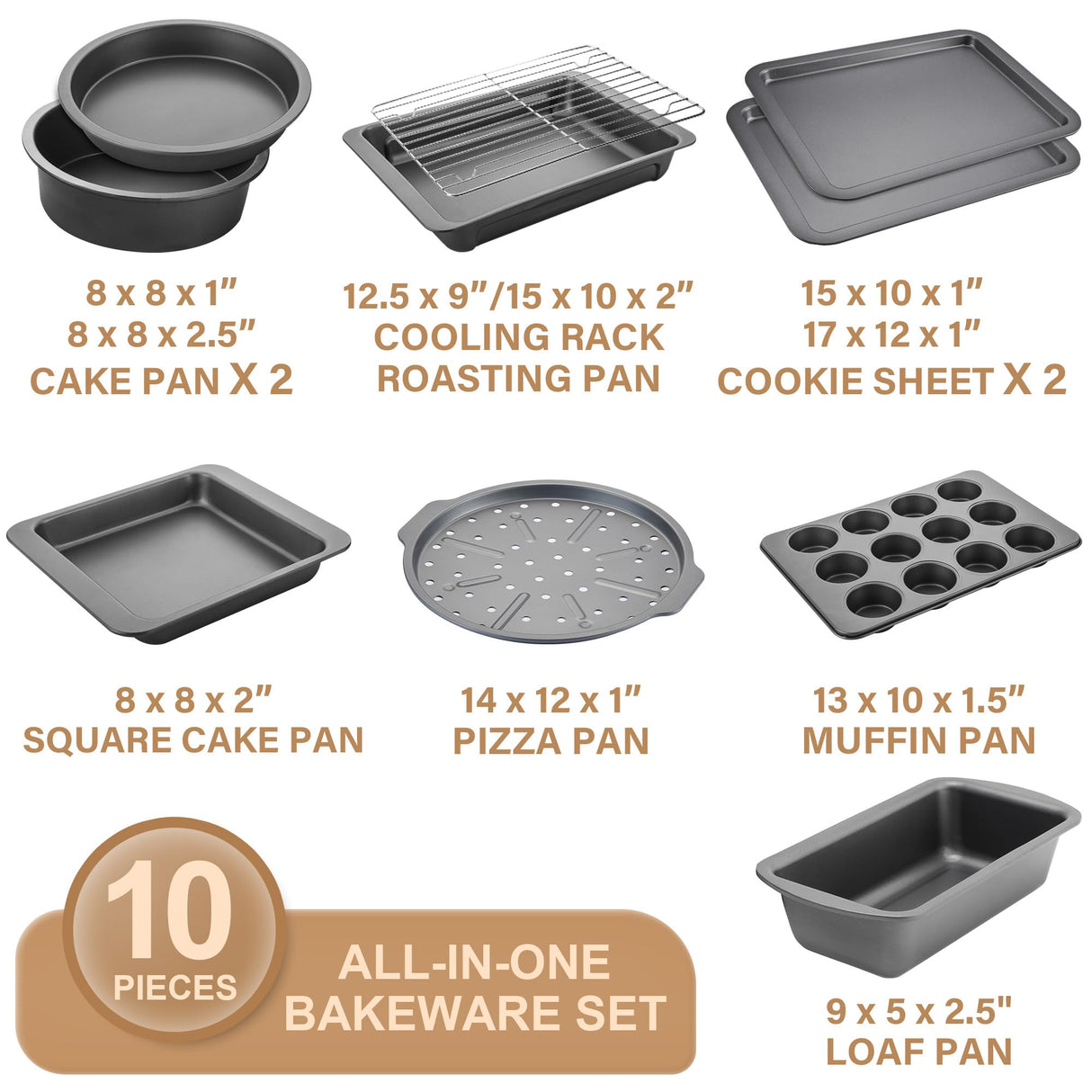 HONGBAKE Bakeware Sets, Baking Pans Set, Nonstick Oven Pan for Kitchen with Wider Grips, 10 Pieces Including Rack, Cookie Sheet, Cake Pans, Loaf Pan, Muffin Pan, Pizza Pan - Grey HONGBAKE