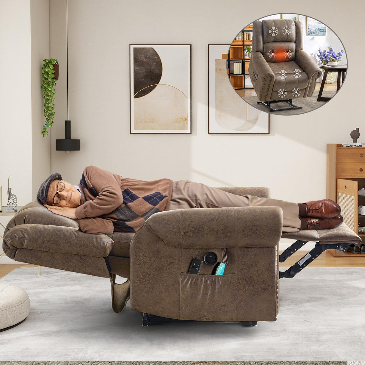 CDCASA Dual Motor Lay Flat Lift Chairs Recliners for Elderly w/Massage and Heat, Breathable Leather Infinite Position Large Sleeping Electric Power Lift Chair Recliner for Seniors, Matte Brown CDCASA