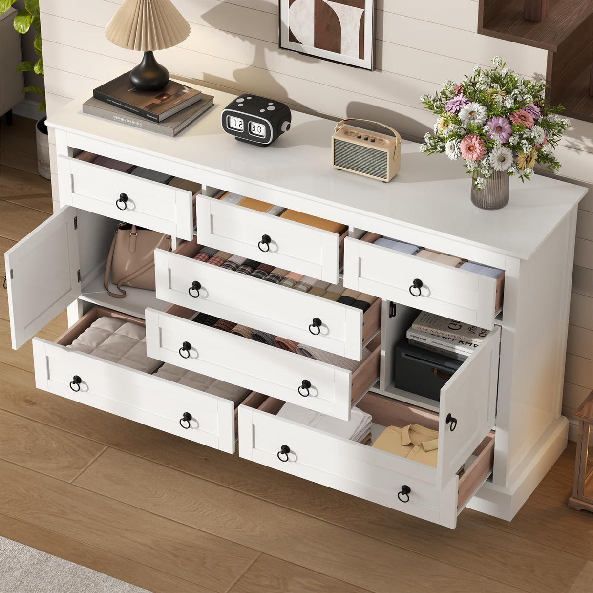 Gyfimoie Farmhouse 7 Drawer Dresser for Bedroom, Wood Chest of Drawers with 2 Doors, White Dressers with Round Metal Handle, Large Storage Dresser Organizer, Long TV Stand for Living Room, White Gyfimoie