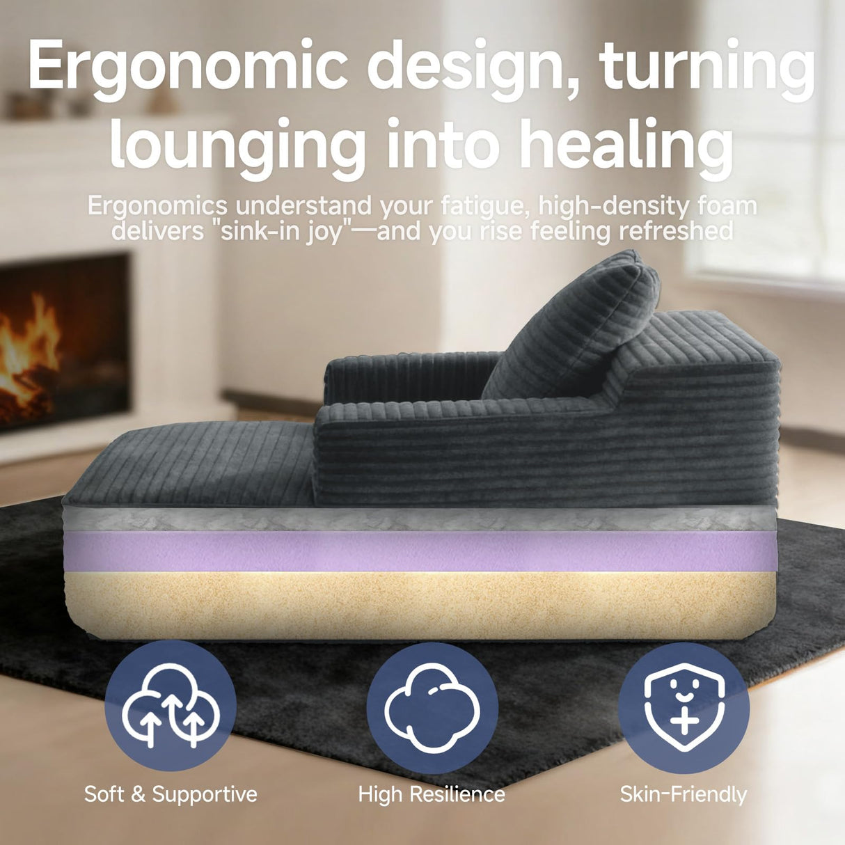 45'' Chaise Lounge Chair Indoor, Corduroy Upholstered Boneless Sofa Bed, Deep Seat Sleeper Couch Reading Chairs, Small Comfy Cloud Sofas Couches for Living Room, Bedroom, Movie Room (Dark Grey) Sonovafurn