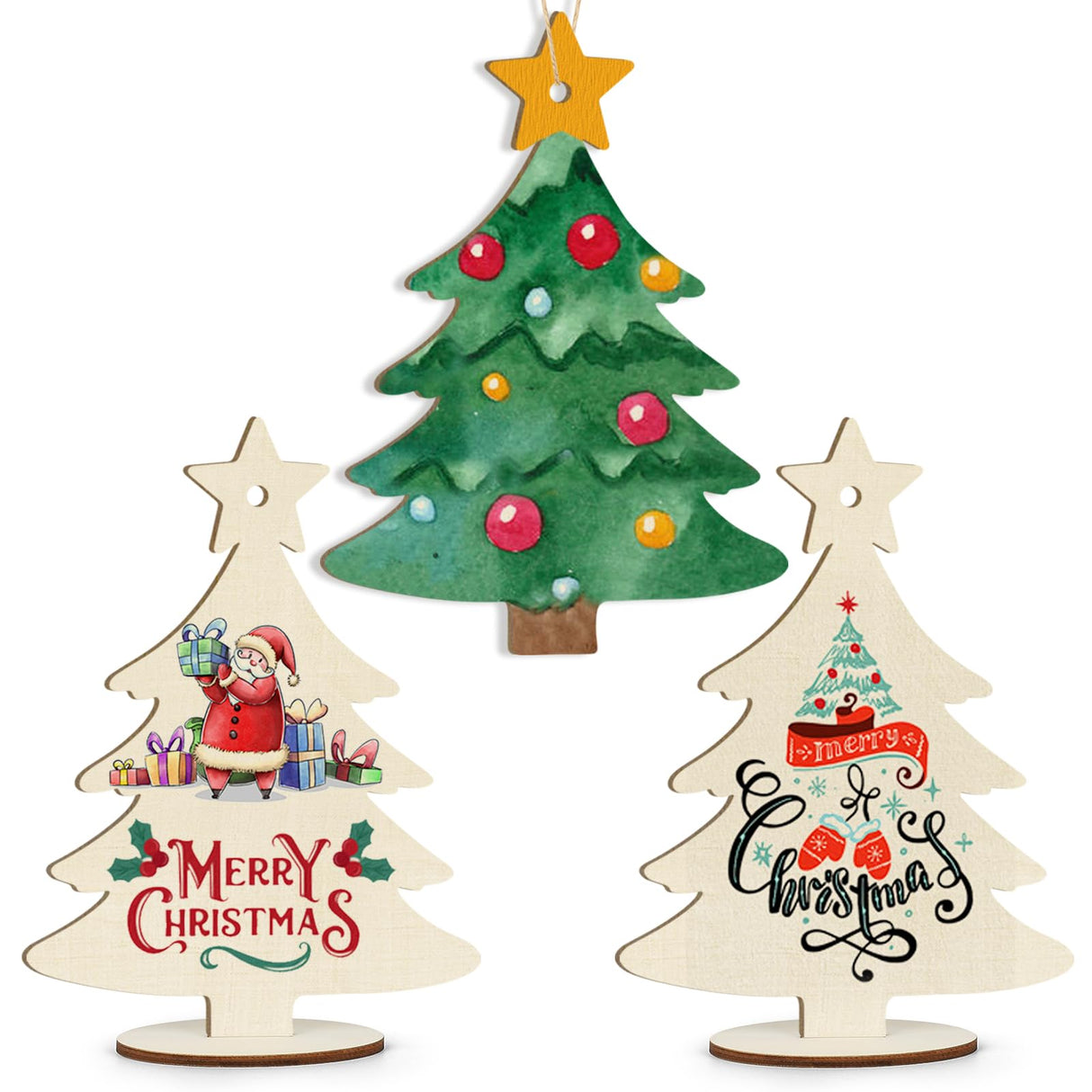 Wooden Christmas Ornaments to Paint Christmas Tree Decoration Cutouts Unfinished 3Pack 7 inches, Wood DIY Blank Christmas Tree Table Sign Ornament for Home Crafts Hanging Decoration with String Base Sophena