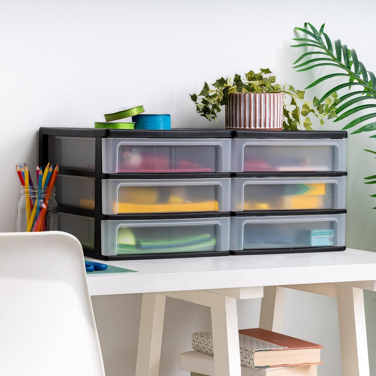 IRIS USA Plastic Stacking Desk Top 3-Drawer Storage Organizer, 2-Pack, for Makep Vanity Nail Polish Bathroom Stationery Art Craft Supplies Kitchen Office Garage and Small Organization, Medium, Black IRIS