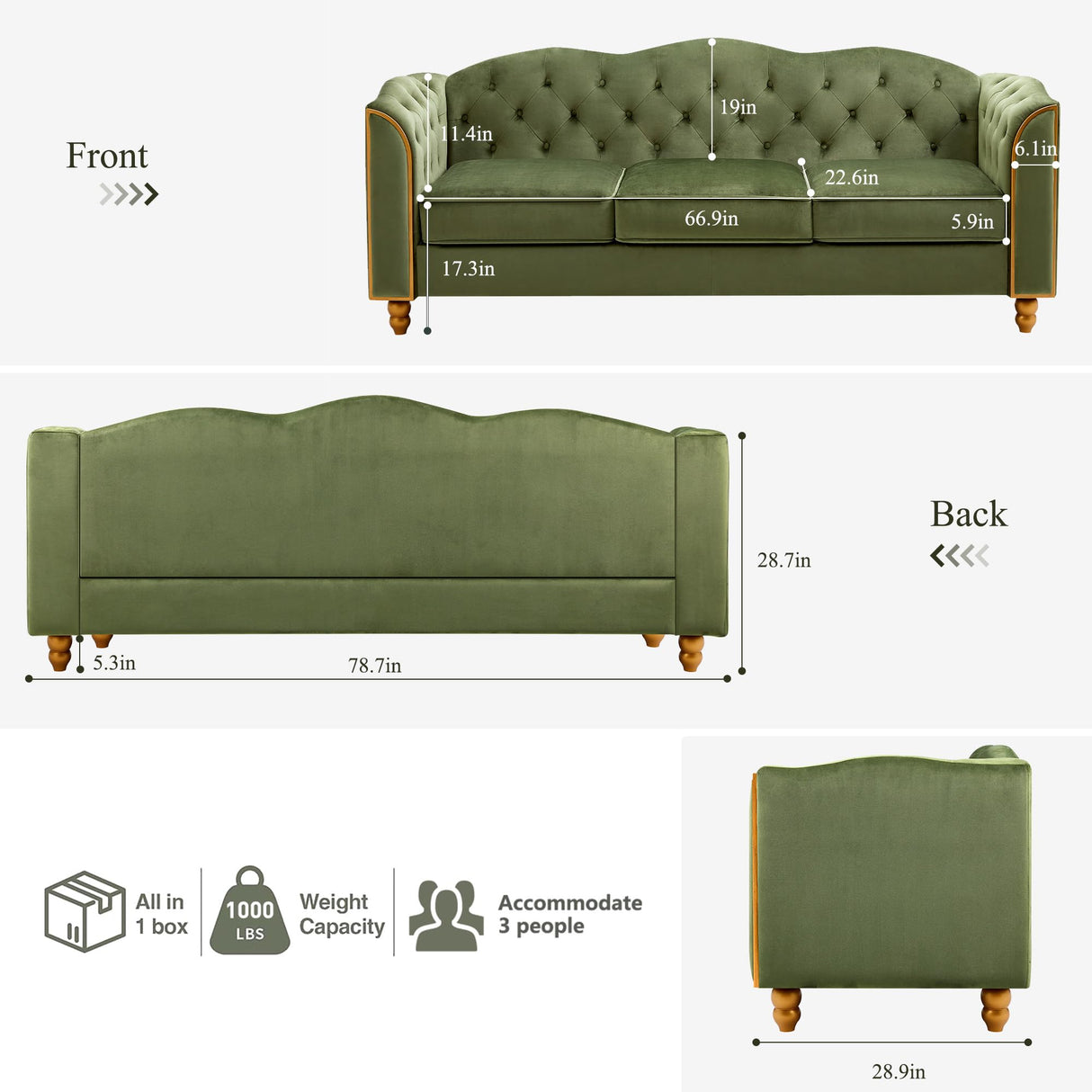 HITHOS 78" Velvet Sofa Couch, Soft 3 Seater Sofa Couche for Living Room, Button Tufted Comfy Couch Modern Sofa with Upholstered Cushion, Gold Trim, Solid Wood Legs for Dorm Bedroom Apartment, Green HITHOS