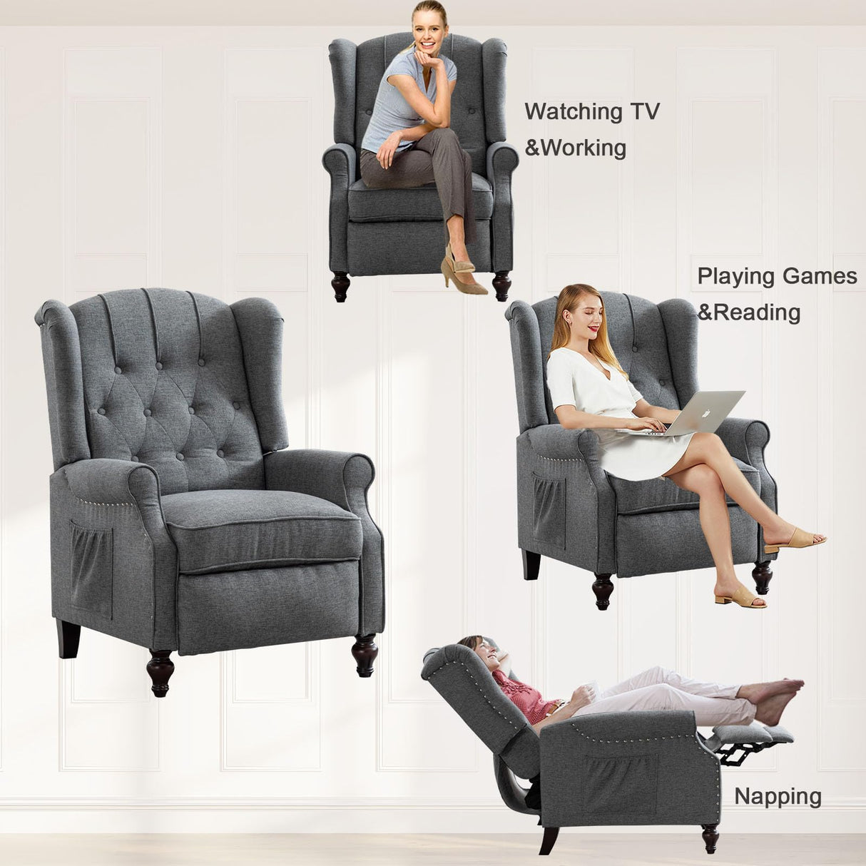 Oprisen Push Back Recliner Mid-Century Modern Accent Chair Single Reading Chair Tufted Button Arm Chair for Living Room w/Heat Massage/Side Pockets (1 PC, Gray) Oprisen