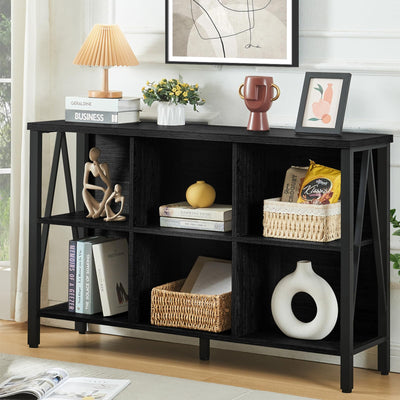 HOMISSUE 6 Cube Storage Organizer Shelf, Rustic Short Wide Bookshelf with Cube Storage, Industrial Low Cube Bookshelf with 3 Tier Shelf, Horizontal Bookcase for Living Room, Office, Black