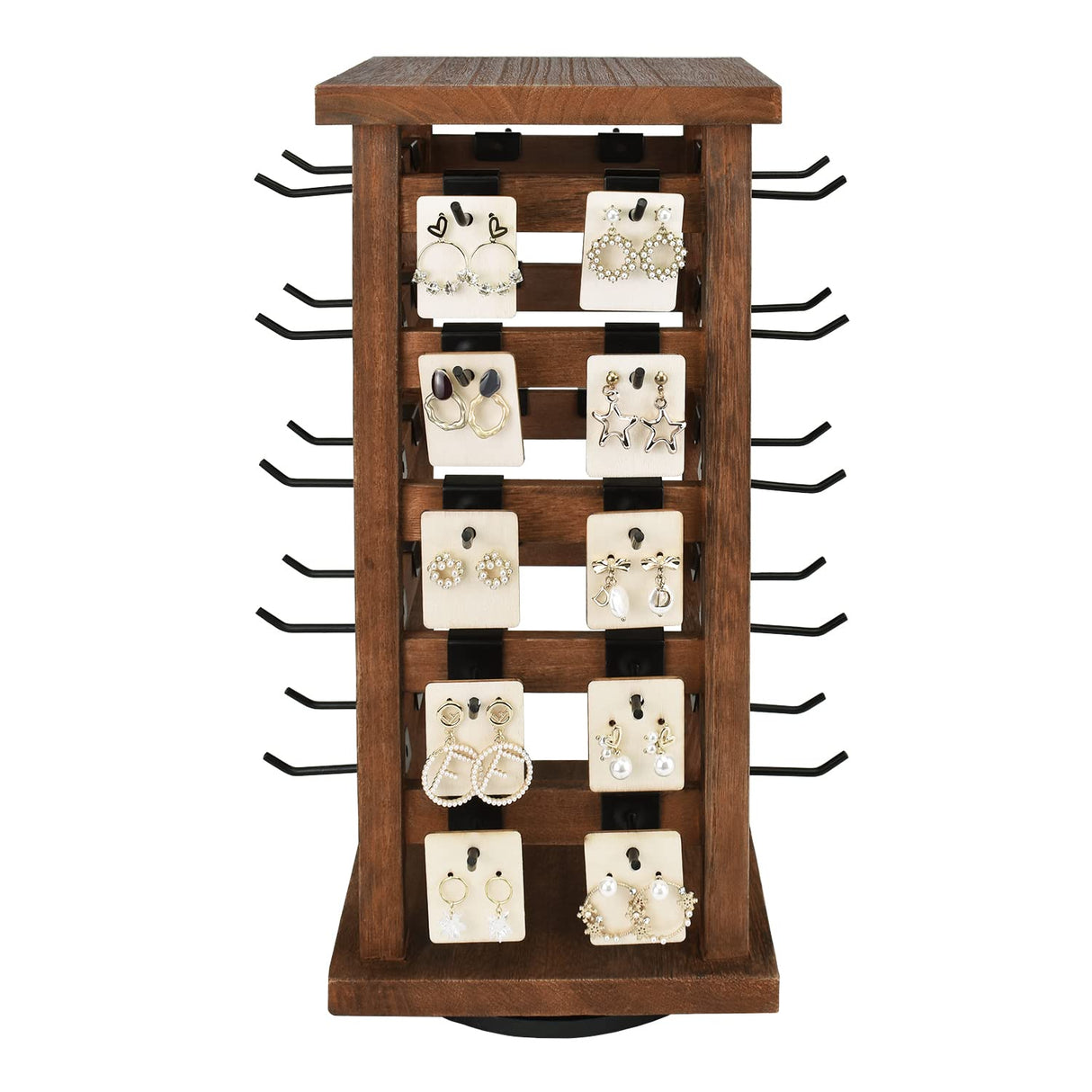 Ikee Design 5 Tiers Easy Assemble Wood Rotating Jewelry Display Tower with 42 Removable Hooks,Spinning Earring Card Storage Display Stand for Store, Showcase, Tradeshow and Home,Brown Color Ikee Design
