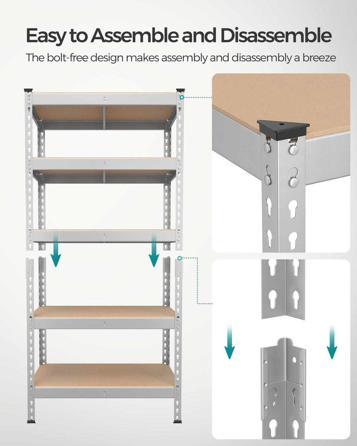 SONGMICS 5-Tier Storage Shelves, Load 2310 lb, Garage Storage, Boltless Assembly, Adjustable Shelving Unit, 11.8 x 29.5 x 59.1 Inches, for Study Shed Basement, Silver and Natural Beige UGLR300E01 SONGMICS