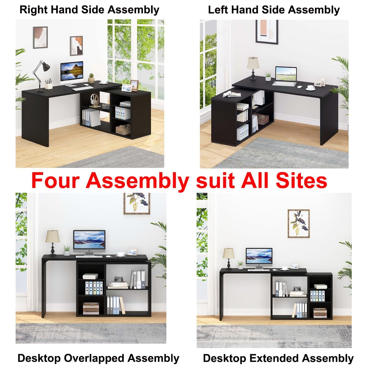 HSH Black L Shaped Computer Desk, Corner Desk with Storage Cabinet Drawer Shelves, Reversible Industrial Wood Executive Workstation, L-shaped Home Office Table for Work Study Writing Gaming, 55 Inch HSH