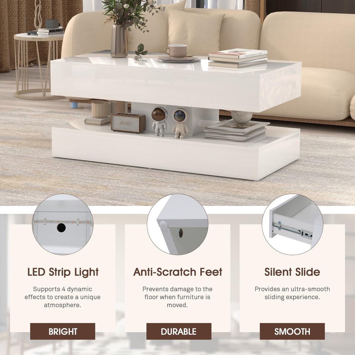 OC Orange-Casual LED Coffee Table with Storage, High Glossy Center Table with 2 Sliding Drawers, Modern Stylish Rectangle Coffee Table Double Layer with Open Display Shelf for Living Room (White) OC Orange-Casual