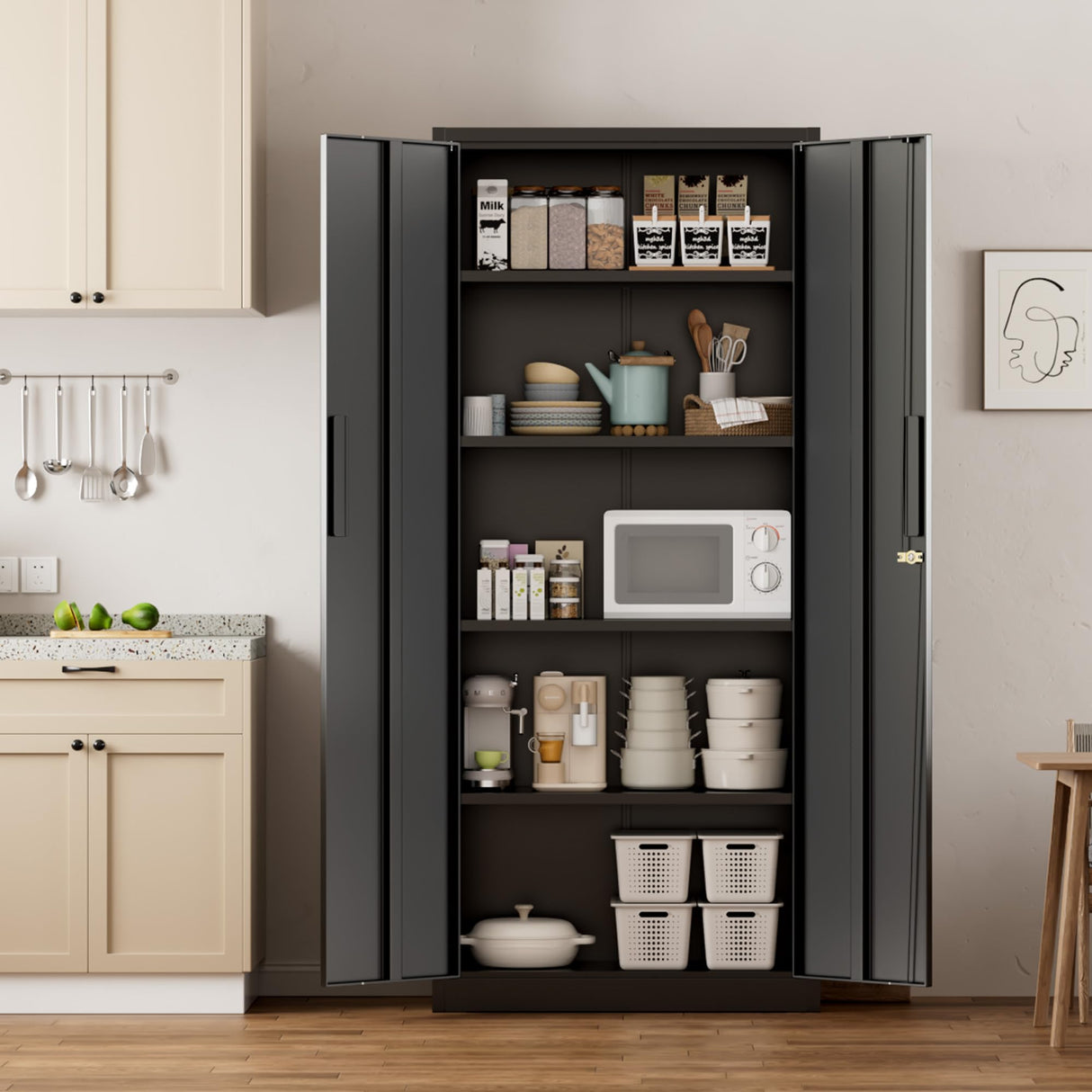 Greenvelly Metal Pantry Cabinet, 63”Tall Black Kitchen Pantry Storage Cabinets with 2 Lock Doors and 4 Adjustable Shelves for Home Office, Dinning Room,Garage Greenvelly