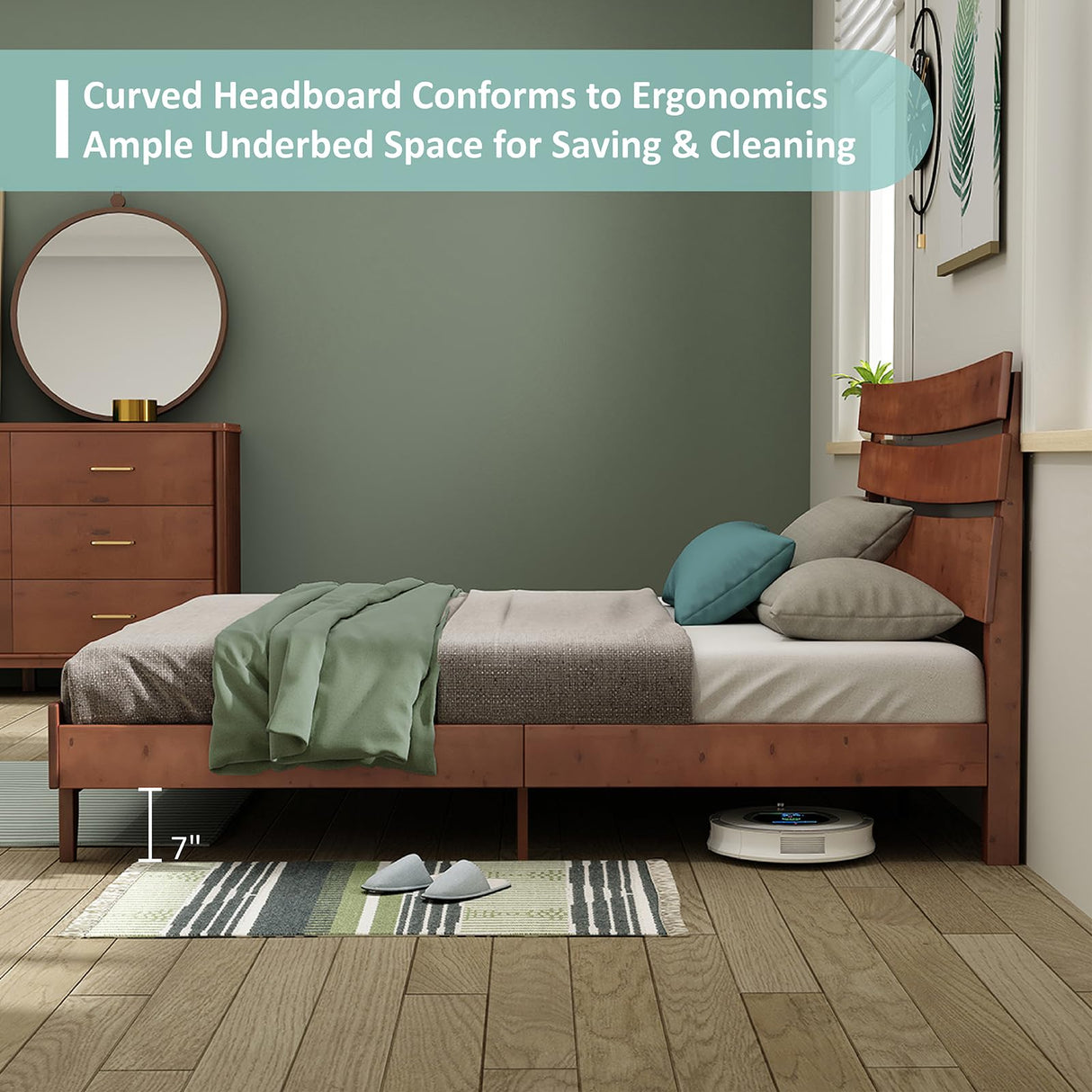 LUXOAK Mid-Century Solid Wood King Bed Frame with Headboard - No Box Spring Required LUXOAK