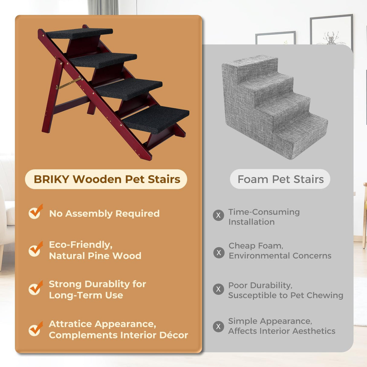 BRIKY Wooden Dog Stairs/Steps - Foldable 4 Steps Dog Steps for High Bed Couch Cars, Non-Slip Pet Stairs for Small Large Medium Dogs and Cats, No Assembly Required BRIKY