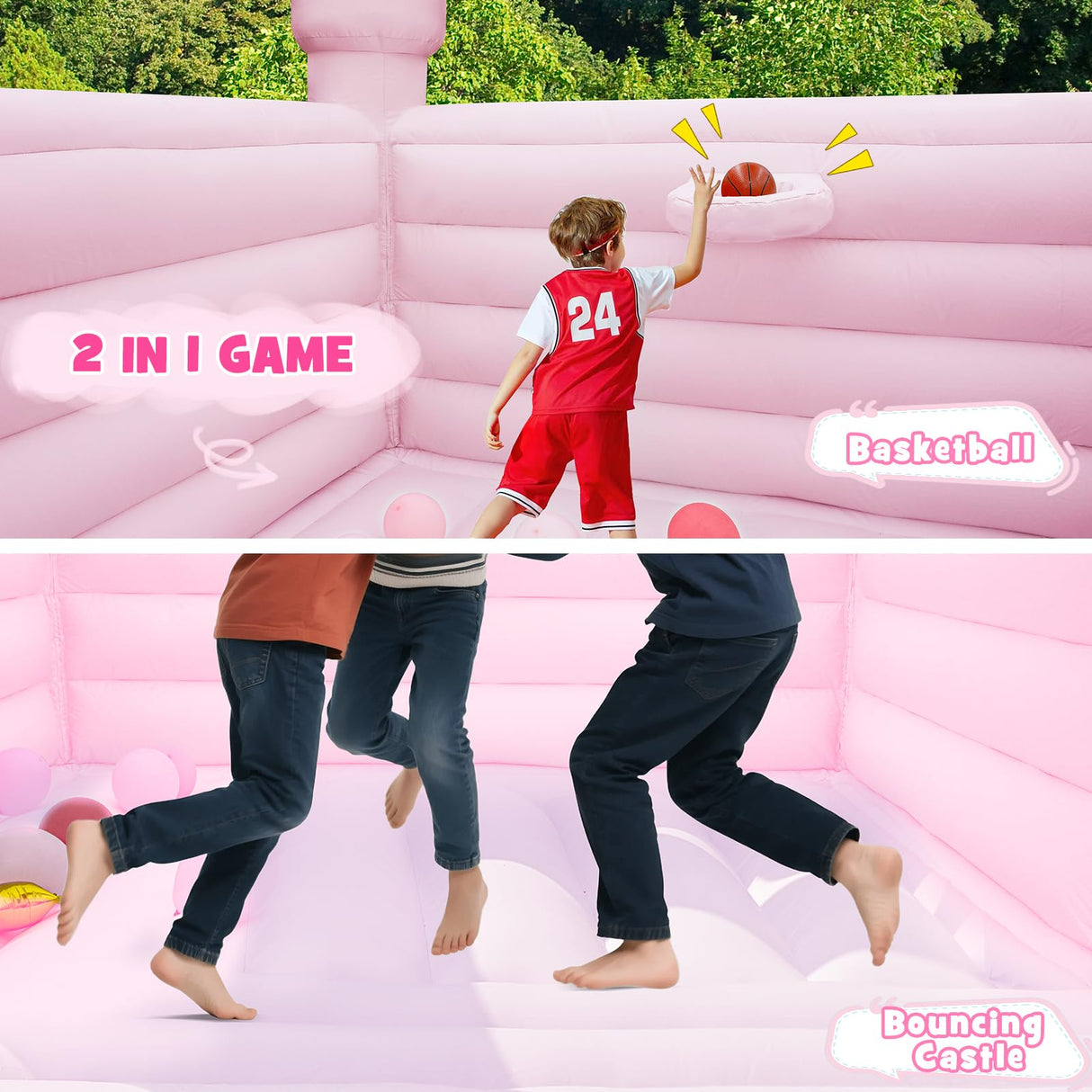 13.8FT White Bounce House Jump Castle for Kids, 100% PVC Indoor Outdoor Inflatable Bounce House, Heavy Duty 750W Air Blower Commercial Bounce House with 2 Balls, Self-Decorated for Party Gaonala