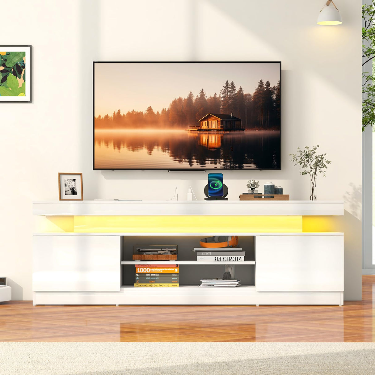 Verano Garden 63" LED TV Stand for 75 Inch TV, High Gloss Entertainment Center with 2 Storage Cabinets and Open Shelf, Modern TV Media Console with Power Outlet & Light for Living Room, Bedroom, White Verano Garden