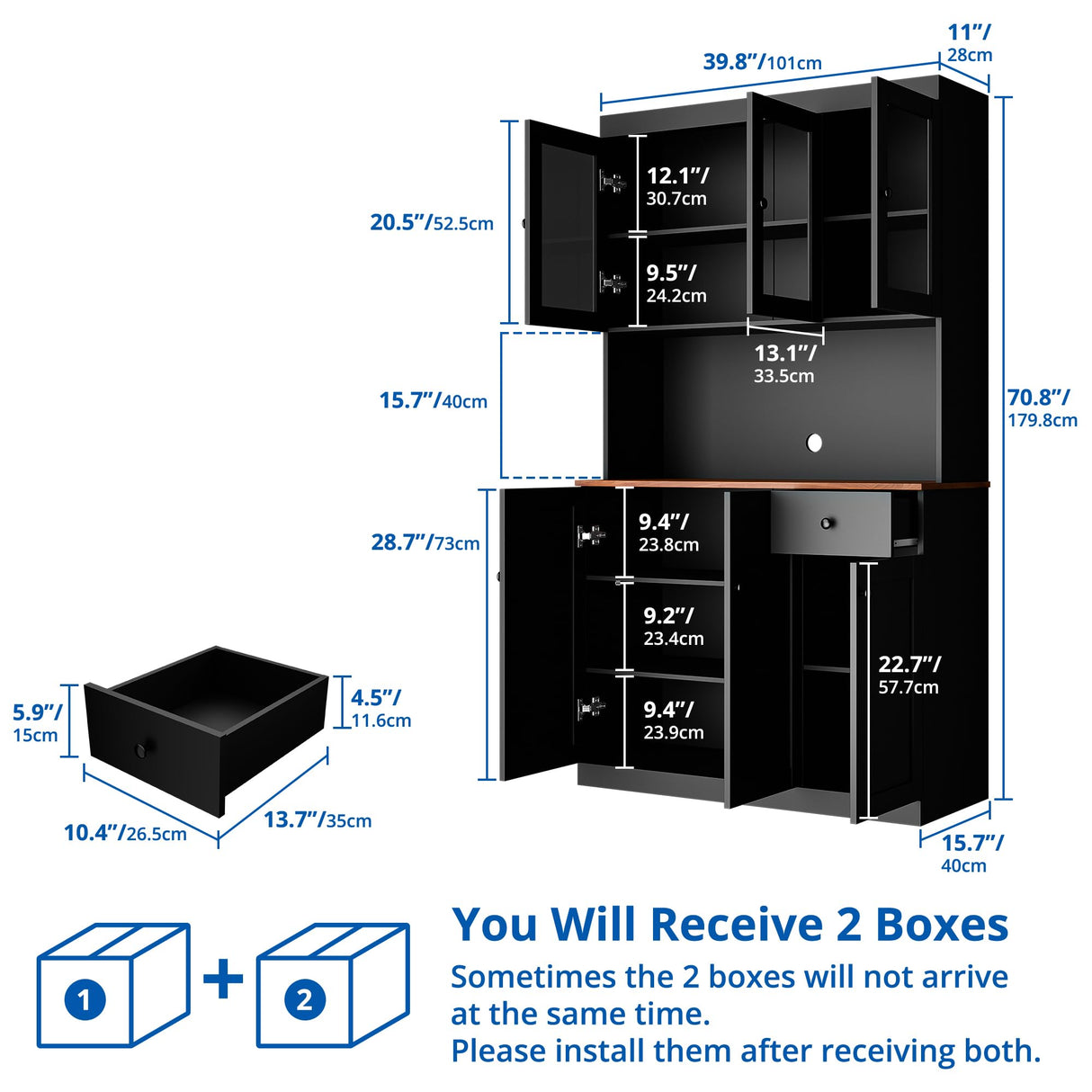 Cozy Castle Tall Kitchen Pantry Cabinet with Microwave Shelf, Modern Large Freestanding Sideboard Cupboard Kitchen Hutch Cabinet with Storage Countertop and Drawer for Dining Room, Living Room, Black Cozy Castle