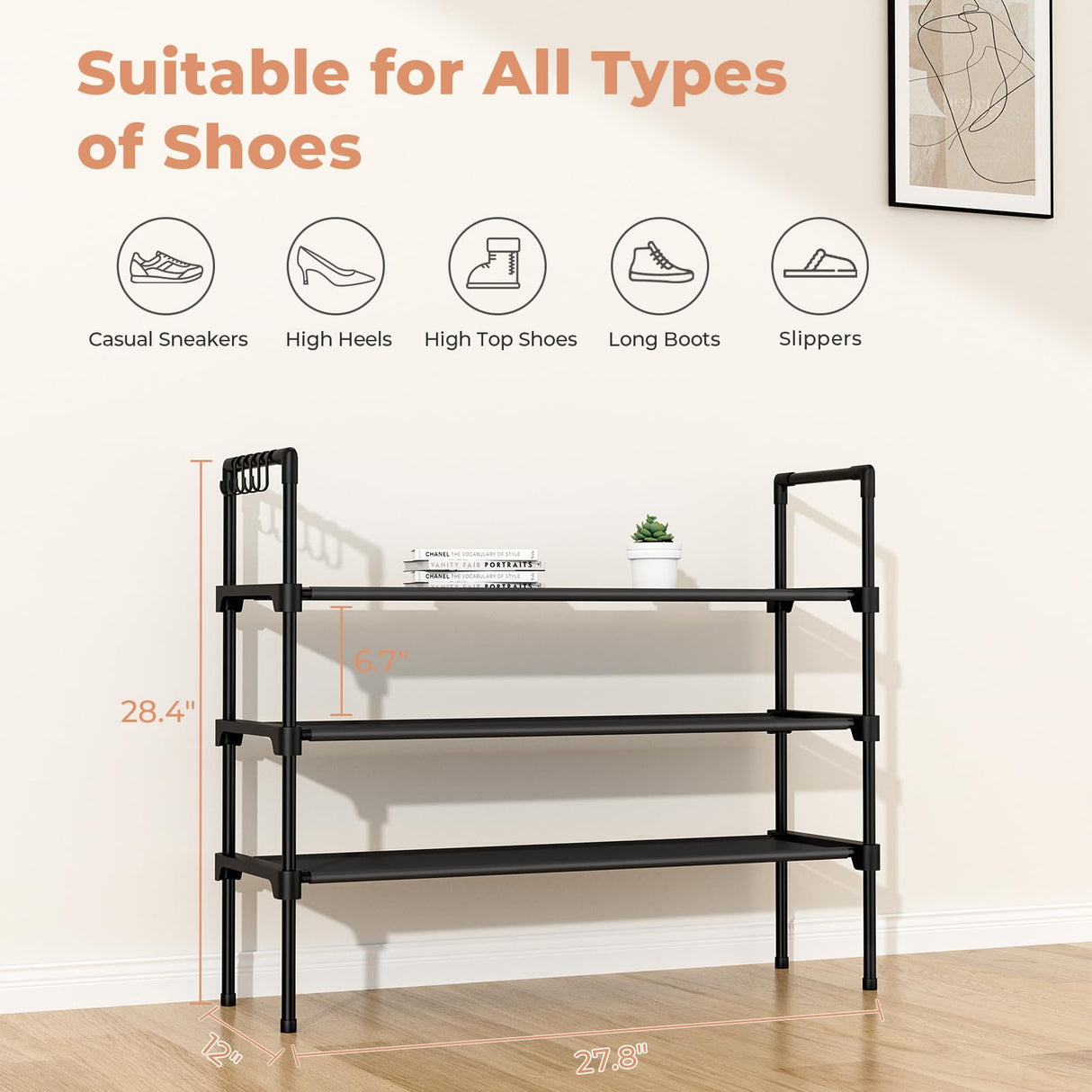 LANTEFUL 3 Tier Shoe Rack for Closet, Shoe Organizer with 5 Hooks, Long Shoe Shelf Storage for Shoe and Boot Stackable Free Standing Shoe Rack for Entryway, Garage, Small Spaces, Dorm, Black LANTEFUL