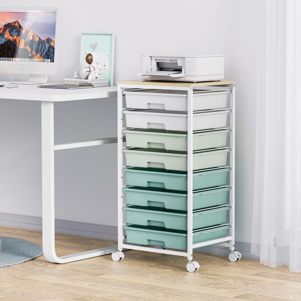 Rolling Storage Utility Cart Organizers with 8 Drawers and Wooden Tabletop for Living Room,Office,Classroom,Craft Room,Bedroom,Dorm,Green SYKIARIOL