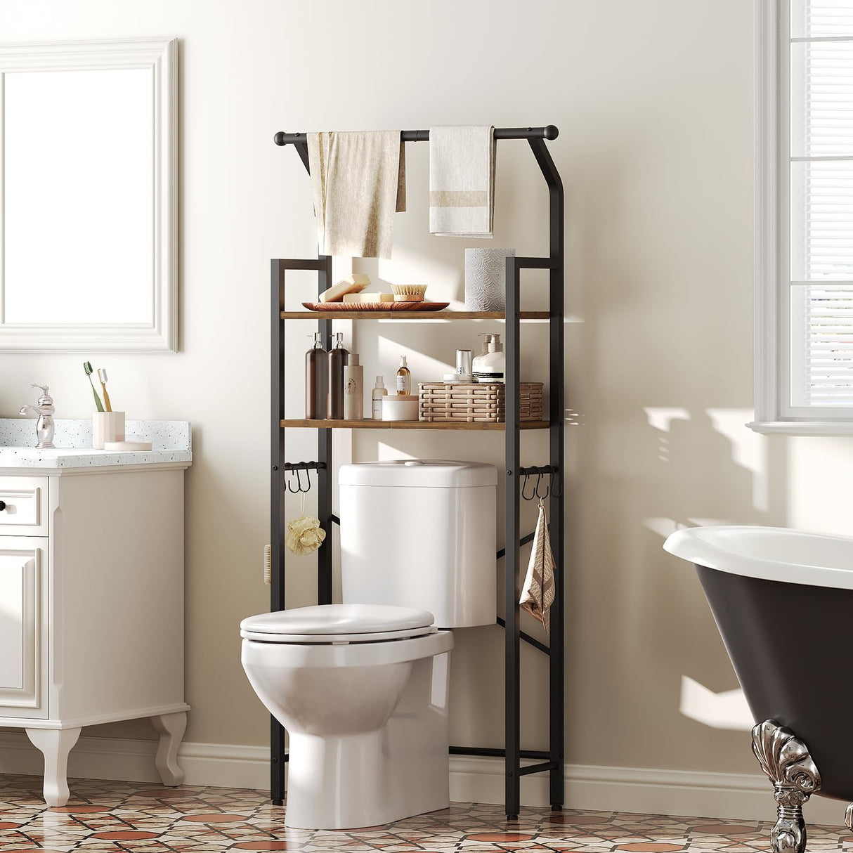 YATINEY Over The Toilet Storage, 2-Tier Bathroom Organizer Shelves with Hooks, Multifunctional Vertical The Toilet Shelf Storage Rack for Bathroom, Rustic Brown and Black TR01BR YATINEY