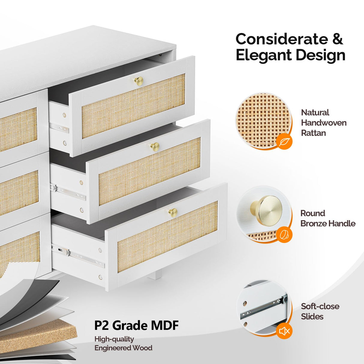 VINGLI 6 Drawer Dresser, White Dresser for Bedroom, Rattan Dresser, Boho Dresser, Wood Dresser Long Dresser TV Stand, Chest of Drawers, Baby/Kids/Nursery Dresser for Kids Bedroom, Living Room (White) VINGLI