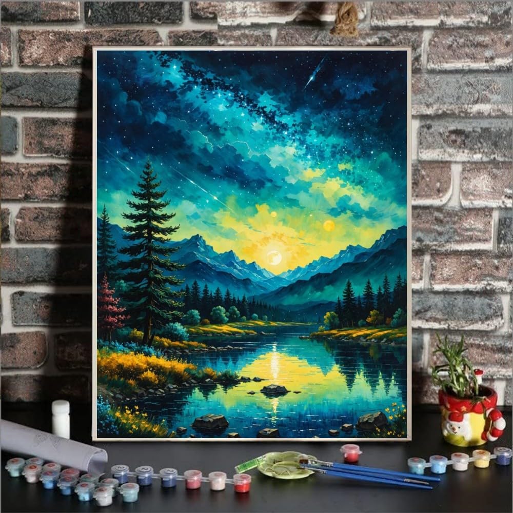 Forest Paint By Numbers Kit For Adults Mountain Tree Paint By Number Kits For Beginner Moon Acrylic On Canvas Diy Oil Painting Kit Adults' Paint-By-Number Kits For Gift Home Wall Decor 16x20 Inch ldazao