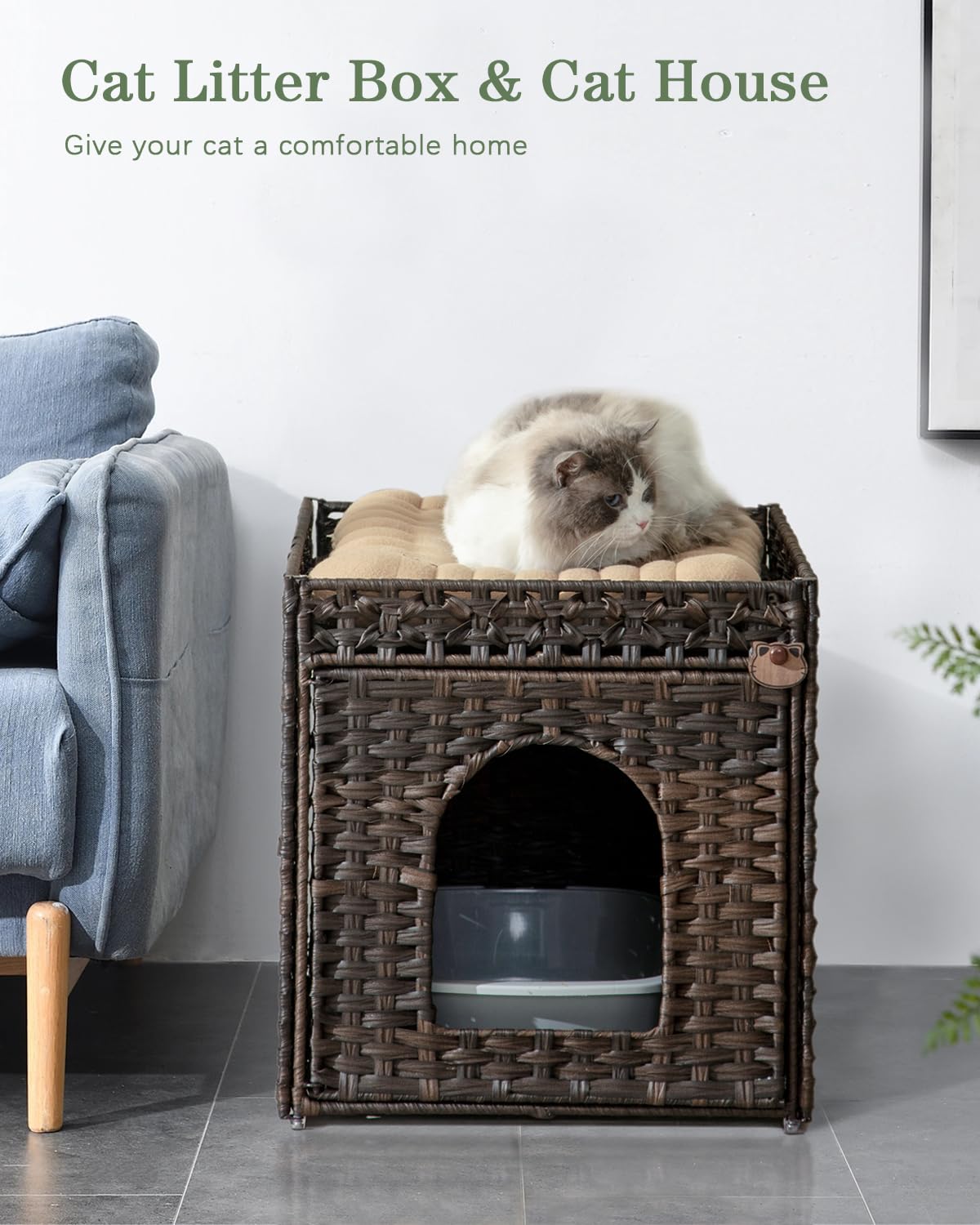 SETVSON Cat Litter Box Enclosure Cat Litter Box Furniture Hidden with Cat Litter Mat, Cat Litter Box Furniture with Two S-Shaped Hooks, Handwoven Rattan Cat House for Living Room, Bedroom, (Brown SETVSON