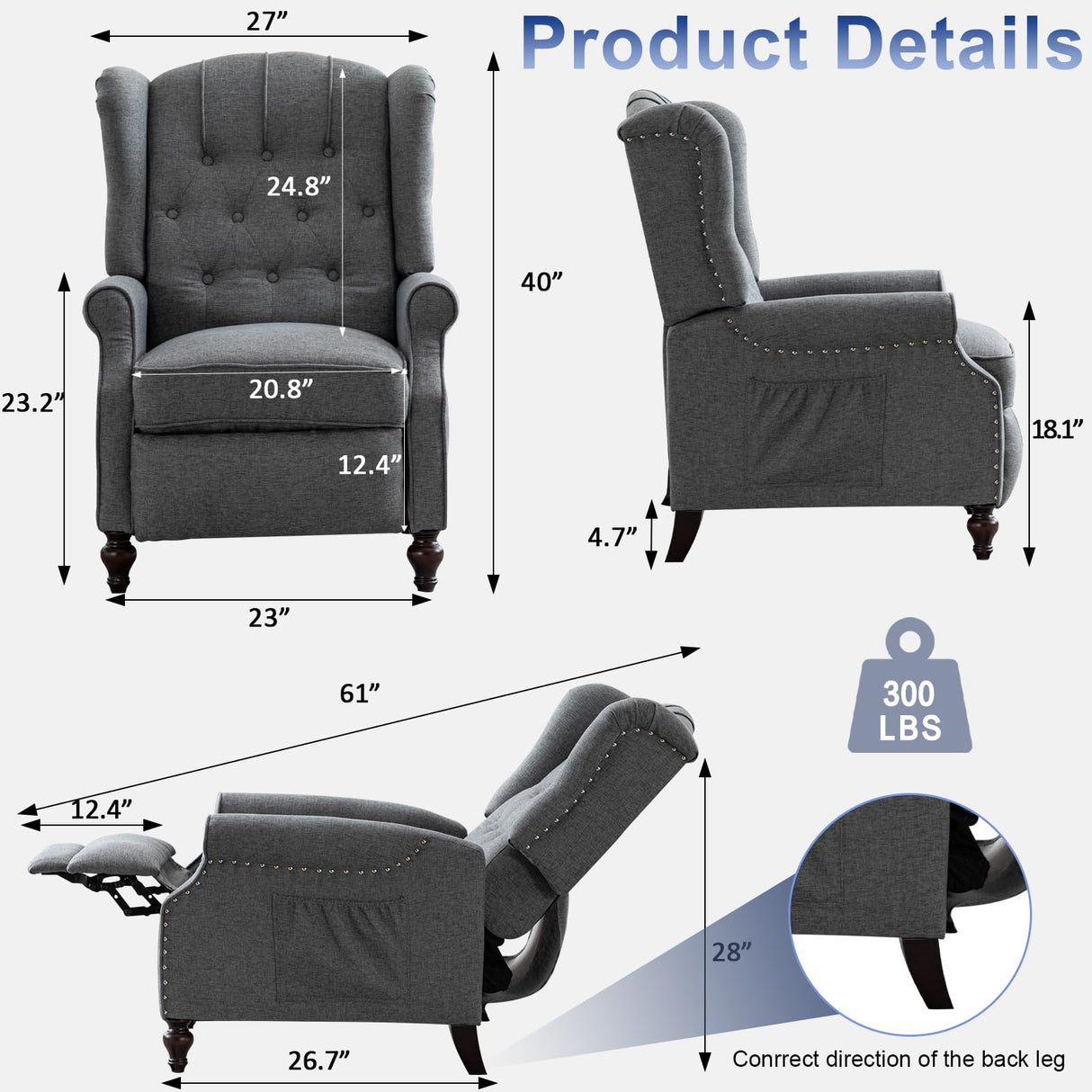 SAMERY Wingback Recliner Chair with Massage and Heat, Push Back Recliner Accent Chair, Modern Tufted Reclining Lounge Single Small Recliner Chair Set of 2 for Small Spaces, Living Room, Office SAMERY