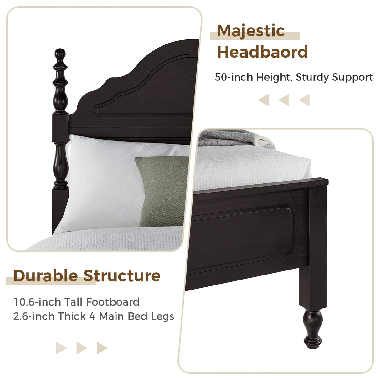 Wood Queen Bed Frame with Wooden Headboard and Footboard, Heavy Duty 12 Solid Wood Slats Support, Rubber Wood Platform Bed Frame with Large Under Bed Storage, No Box Spring Needed, Rustic Brown Susalt