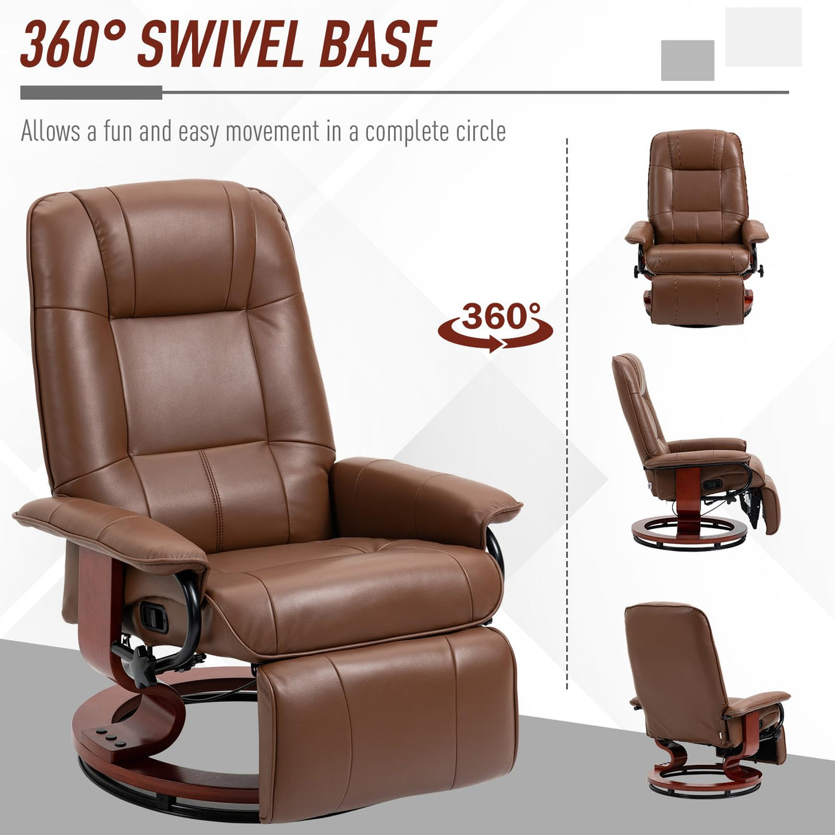 HOMCOM Faux Leather Manual Recliner, Adjustable Swivel Lounge Chair with Footrest, Armrest and Wrapped Wood Base for Living Room, Brown HOMCOM