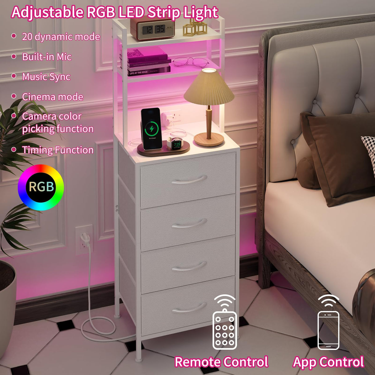 Fixwal 47 Inch Tall Nightstand with Charging Station, Led Night Stand with Socket, 4 PU Finished Fabric Storage Drawers, Office, Bedside Table & Bookshelf in One, White Fixwal