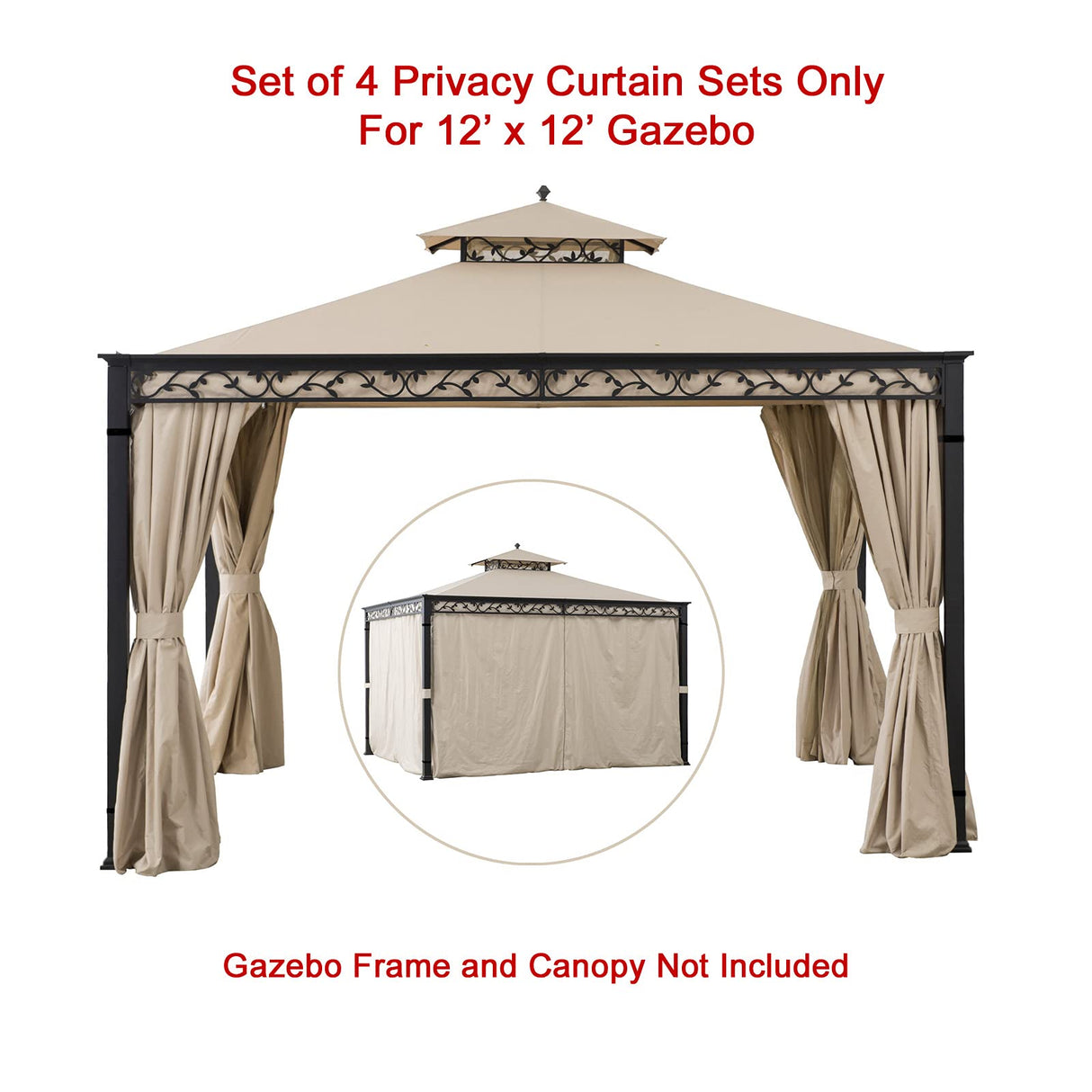 Westcharm Universal Gazebo Curtains 12' X 12' Replacement 4 Panels Privacy Curtain Set for Gazebo Outdoor (Gazebo Privacy Side Wall Set Only) Westcharm