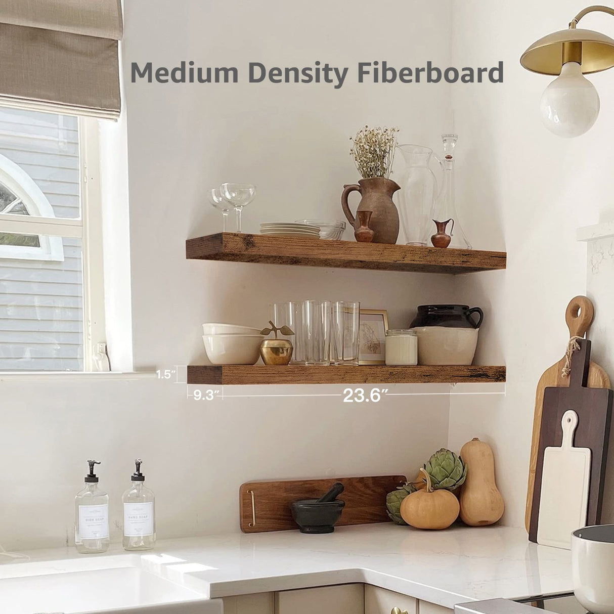 QEEIG Floating Shelves Wall Shelf 24 inches Long Farmhouse Bathroom Decor Bedroom Kitchen Living Room Wall Mounted 24 x 9 inch Set of 2, Rustic Brown (008-60BN) QEEIG