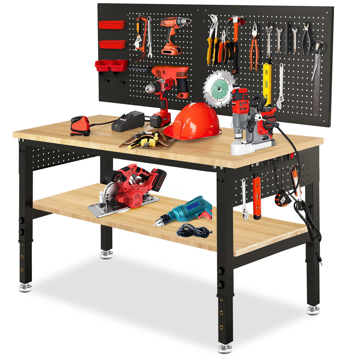 MUWOOD 48“ Adjustable Height Workbench Work Bench for Garage Work Table with Under Table Shelf Heavy Duty Rubber Wood Top for Shop Woodworking, Office, Home, Commercial MUWOOD