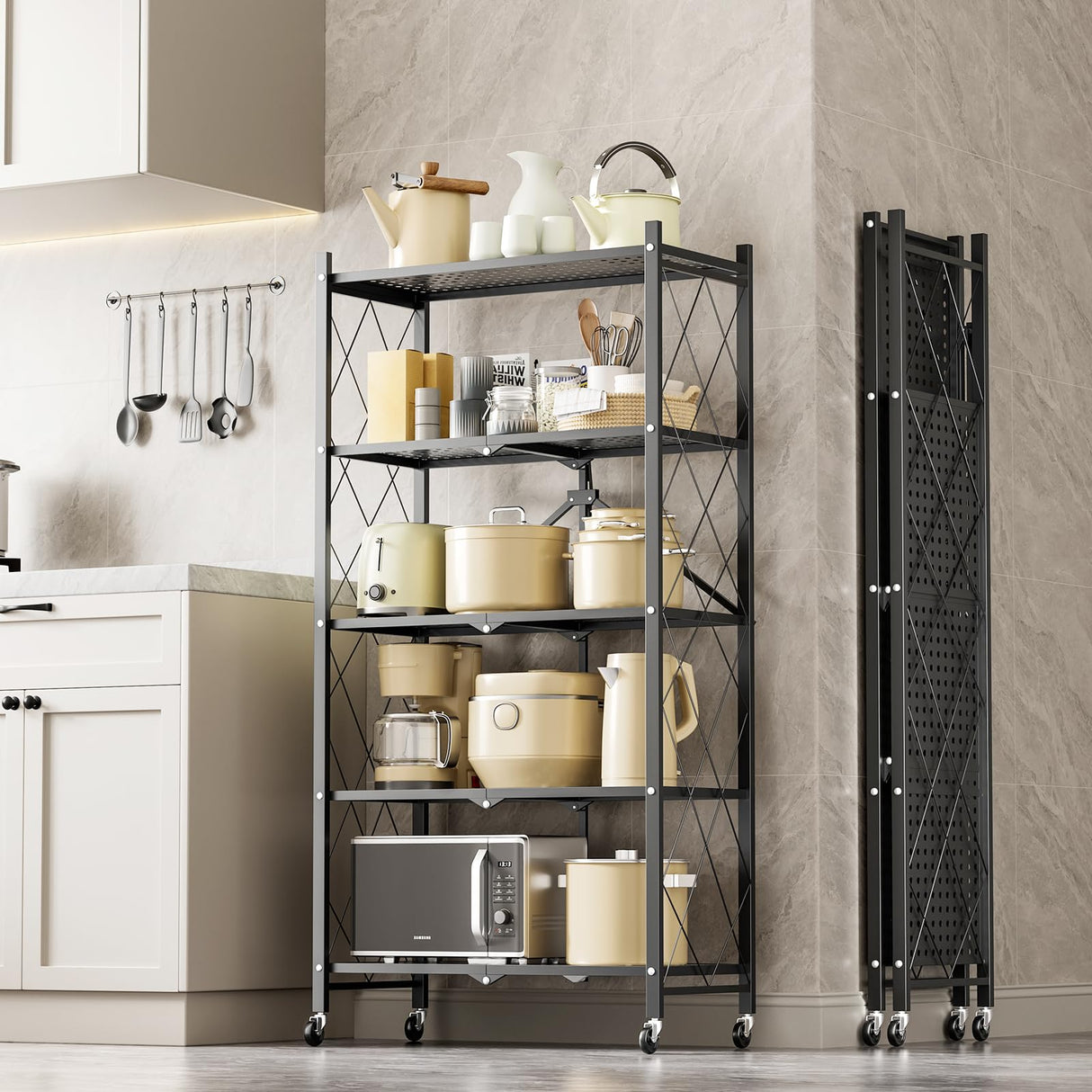 HealSmart Heavy Duty 5-Tier Foldable Metal Rack, 27.95" D x 14.96" W x 63.78" H Storage Shelving Unit 1250 lbs with Wheels Moving Organizer Shelves for Garage Kitchen, Black, 2 Pack HealSmart