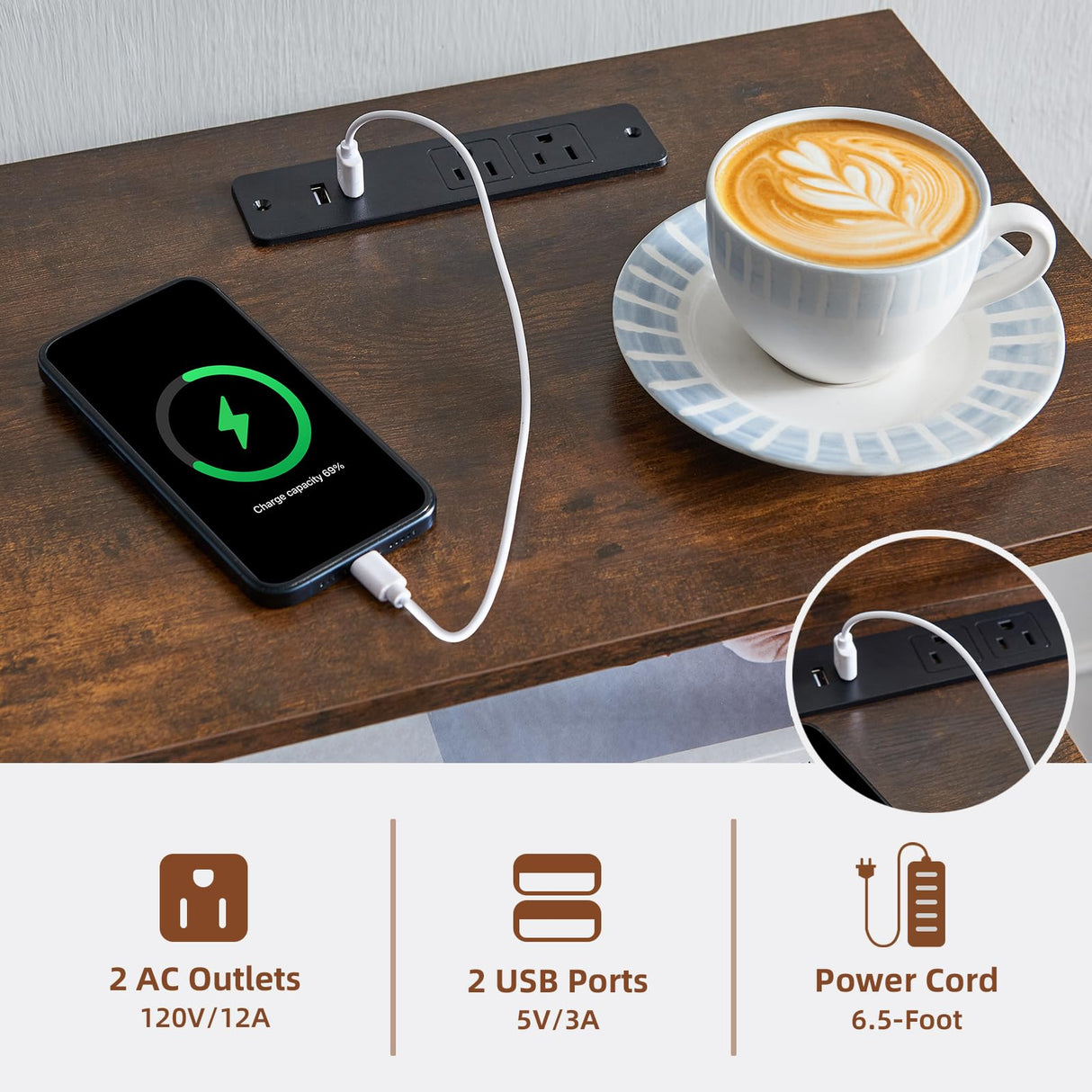 Somdot 2 Drawers Dresser with Charging Station and LED Light for Bedroom, Small Nightstand with Fabric Bins for Bedside Kids Dorm Room Closet Laundry Entryway, Wood Grain Print Somdot