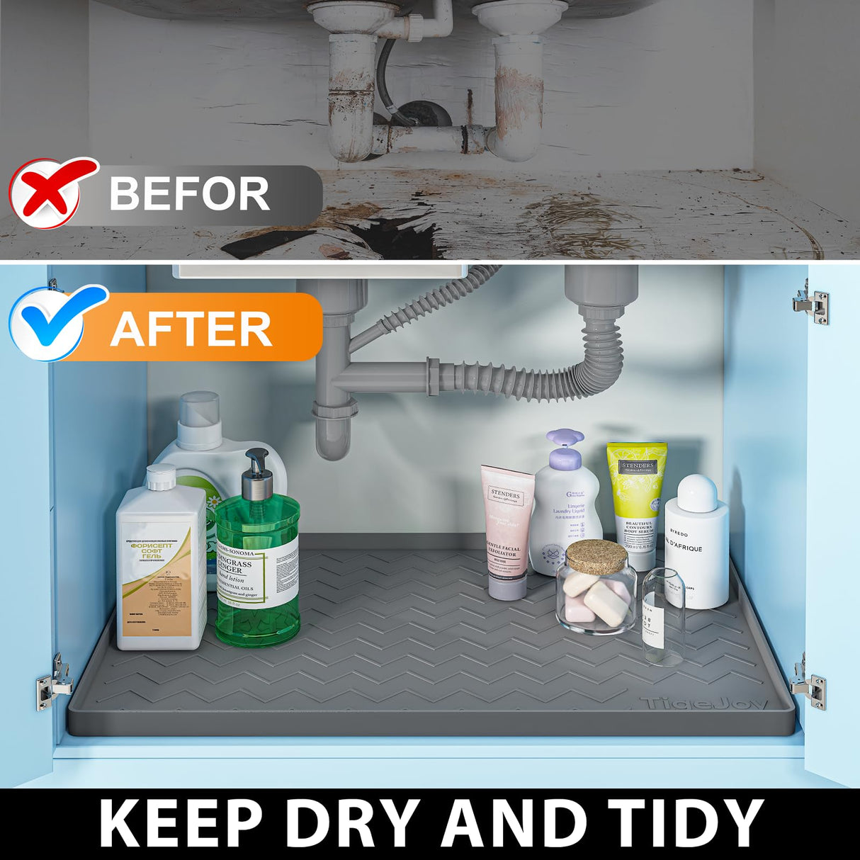 TigeJoy Under Sink Mat for Kitchen Cabinet 34" x 22", Upgraded Thick Silicone Waterproof Protector with Raised Edge, Anti-Leak Shelf Liner for Bathroom Tray Sink Organizers and Storage TigeJoy