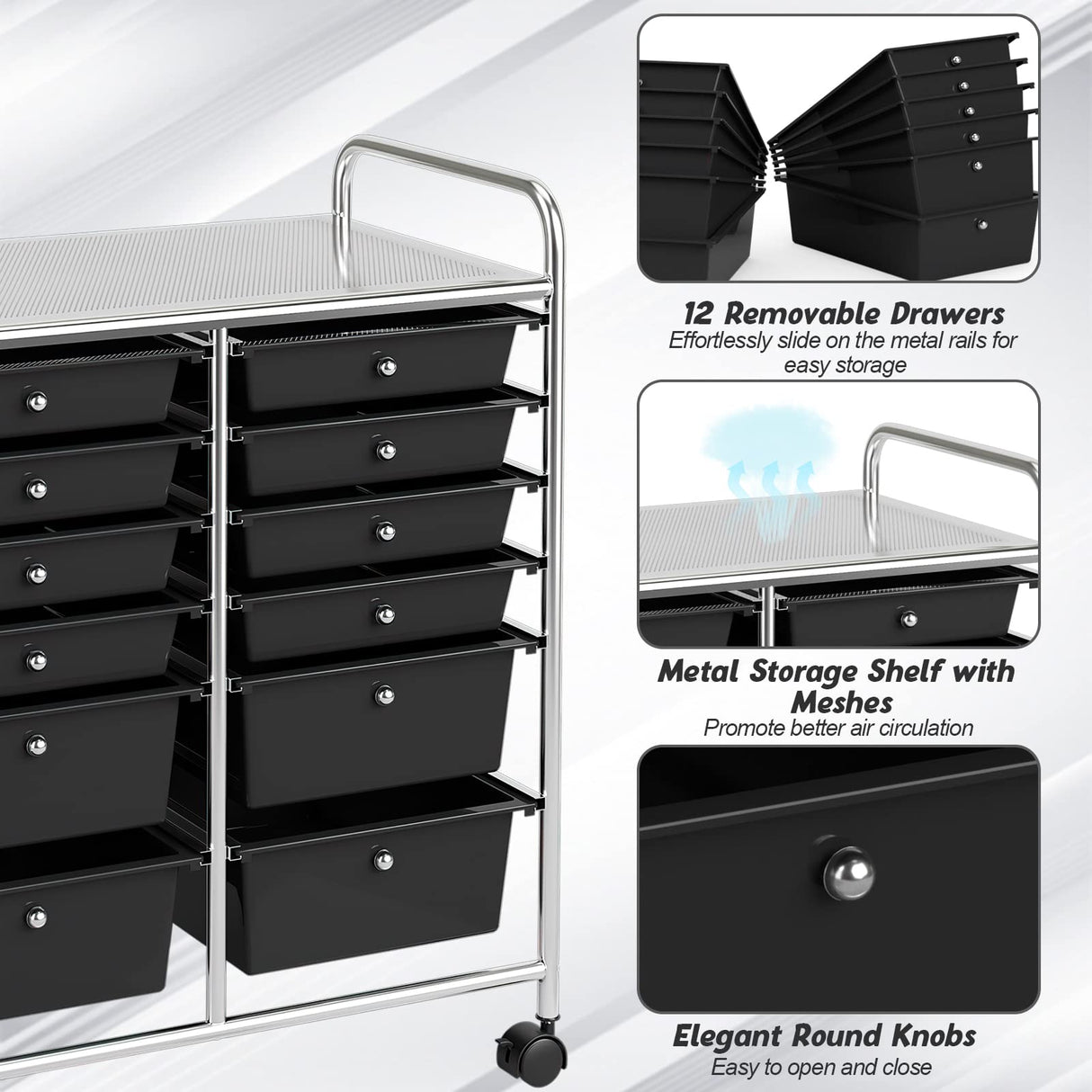 COSTWAY 12-Drawer Rolling Storage Cart, Moveable Art Craft Organizer W/Lockable Wheels, Metal Shelf, Files Arrangement Tools Makeup Storage Cart for Office, Home, School (Black) COSTWAY