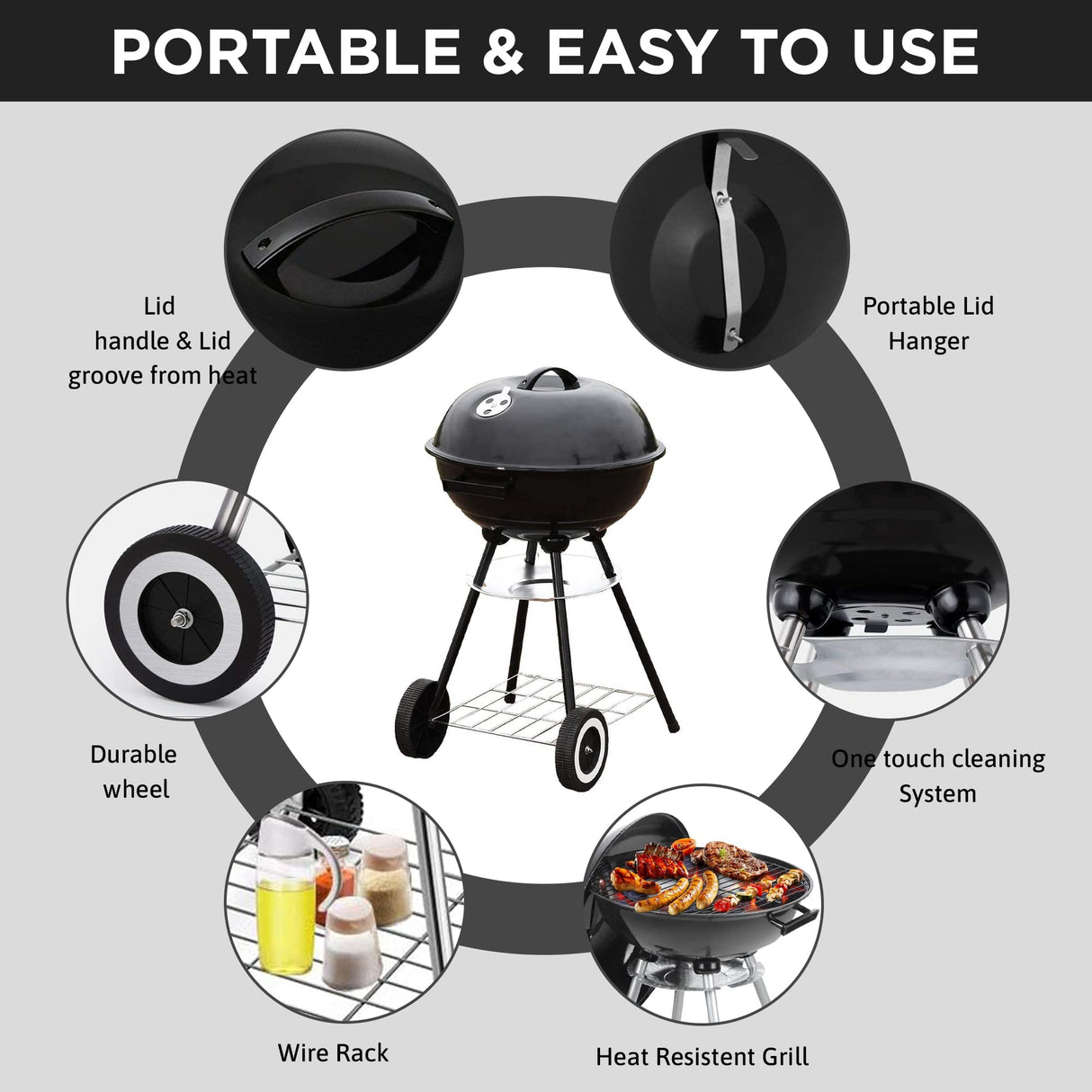 18 Inch Portable Charcoal Grill with 4 Legs and Wheels for Outdoor Cooking Barbecue Camping BBQ Coal Kettle Grill - Heavy Duty Round with Thickened Grilling Bowl for Small Patio Backyard Papapacks