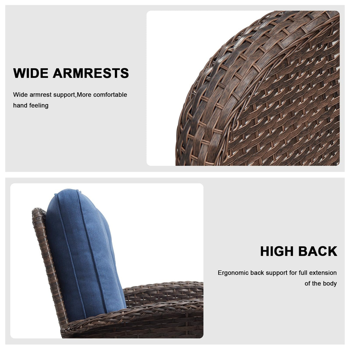 Belord Outdoor Patio Furniture - Wicker Sofa with Removable Cushion, 3 Seater Rattan Couch with Deep Seat, High Backrest, All-Weather for Balcony, Deck, Backyard, Brown/Blue Belord