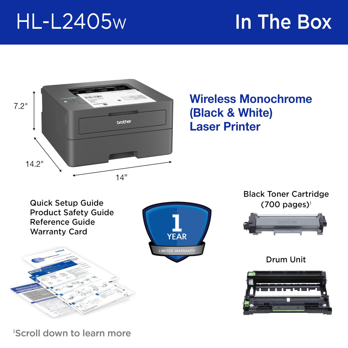 Brother HL-L2405W Wireless Compact Monochrome Laser Printer with Mobile Printing, Black & White Output | Includes Refresh Subscription Trial(1), (Renewed Premium) Brother