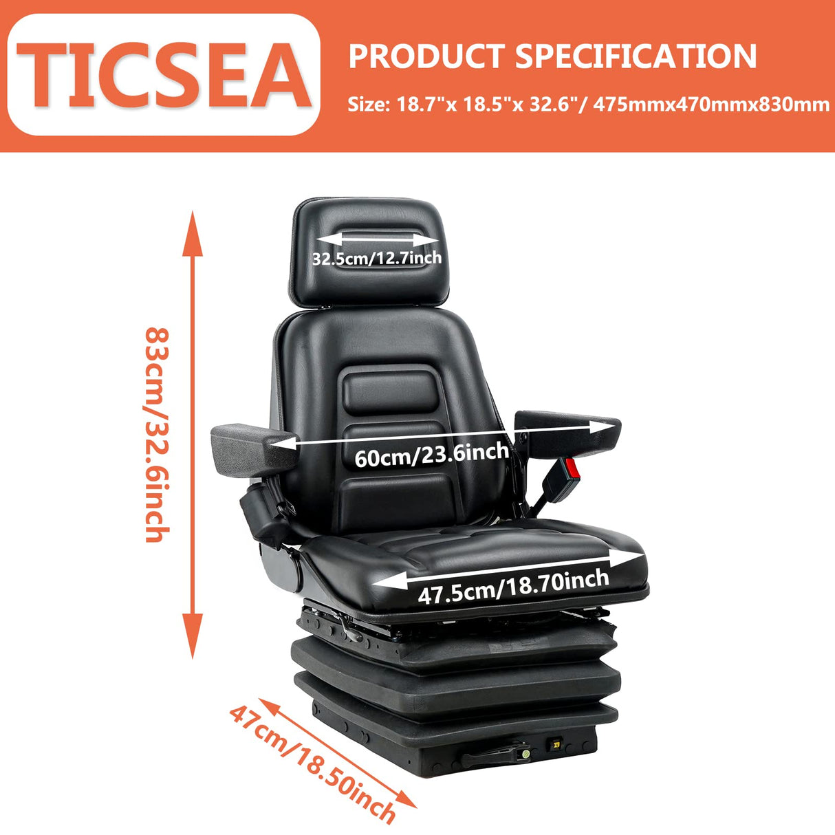 Universal Tractor Suspension Seat with Adjustable Angle Back,Armrest And Safety Belt,for Linde Forklift Tractor,Excavator Skid Loader Backhoe Dozer Telehandler TICSEA