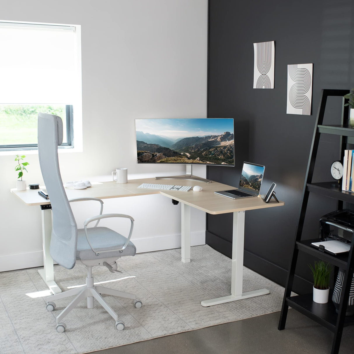 VIVO Electric Height Adjustable 63 x 55 inch Corner Stand Up Desk, Light Wood Table Top, White Frame, L-Shaped Standing Workstation, 3CT Series, DESK-E3CTC VIVO