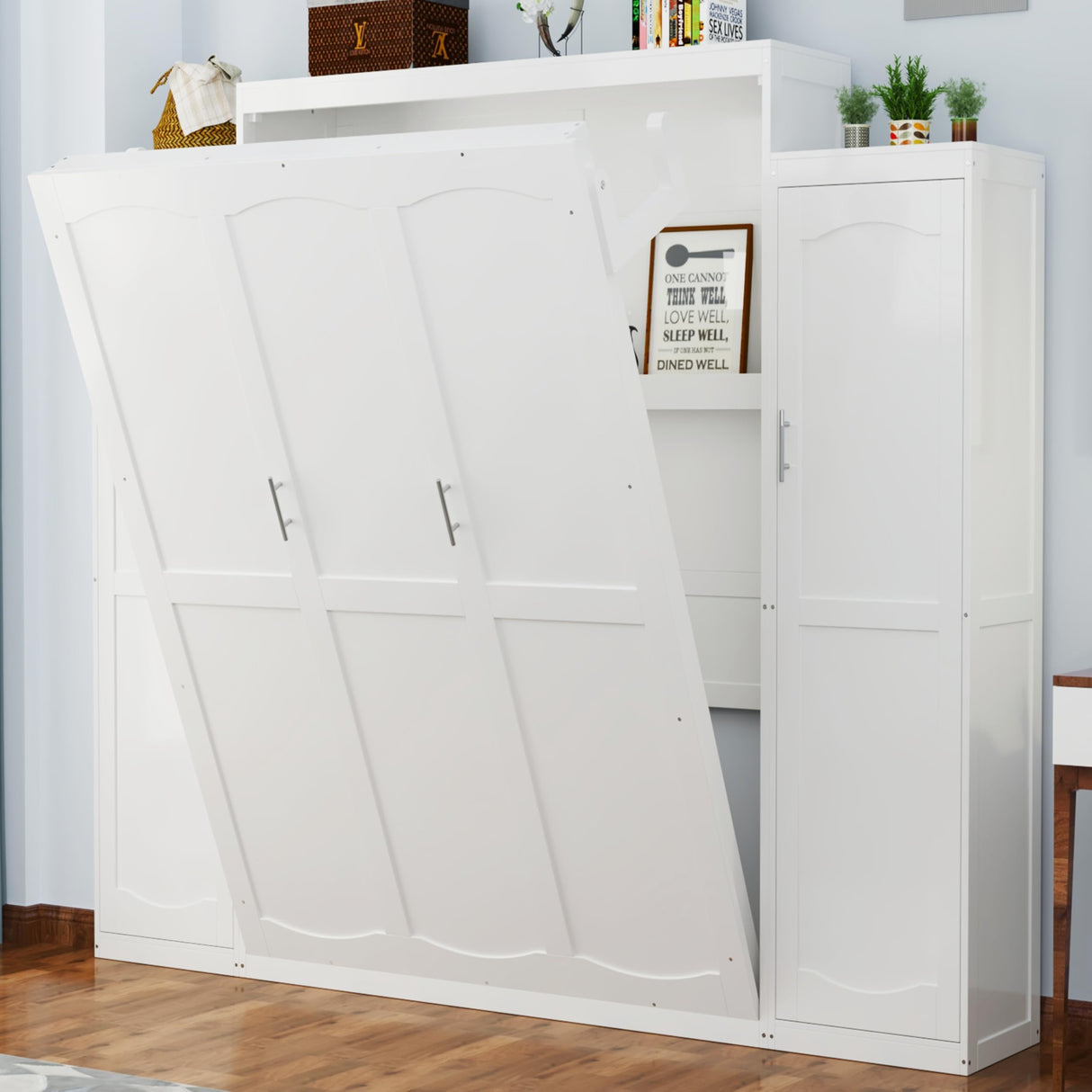 Ball & Cast Queen Size Murphy Bed with Two Wardrobe and Storage Shelf, Wall Bed Frame Folding into Cabinet Design,Multifunctional Foldable Platform Bed for Small Space,Bedroom,Guest Room, White Ball & Cast