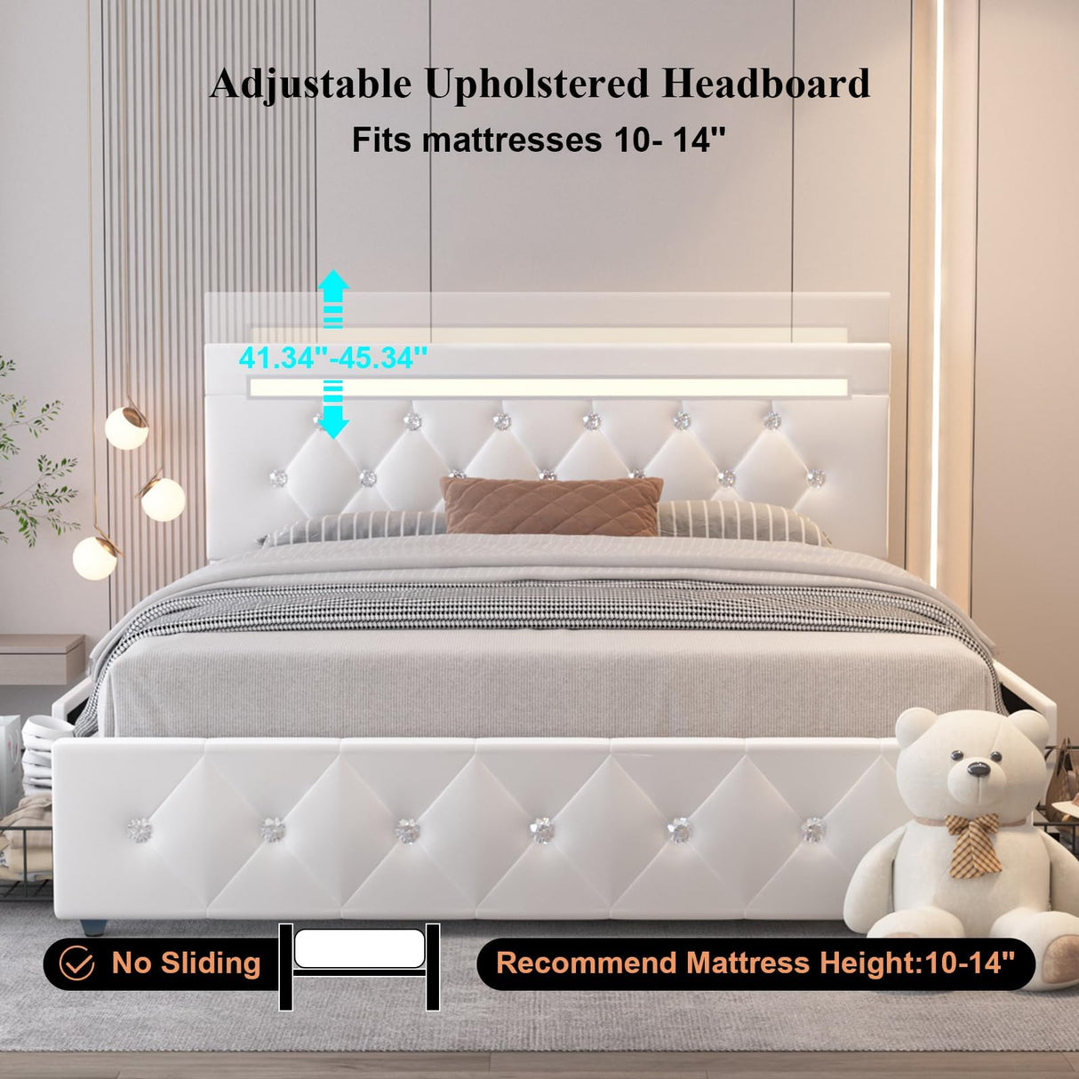 Benevika Full Size Bed Frame with 4 Drawers and LED Light, Charge Station, PU Leather Upholstered Platform Storage Bed with Adjustable Headboard, Wooden Slats Support, No Box Spring Needed, White Benevika