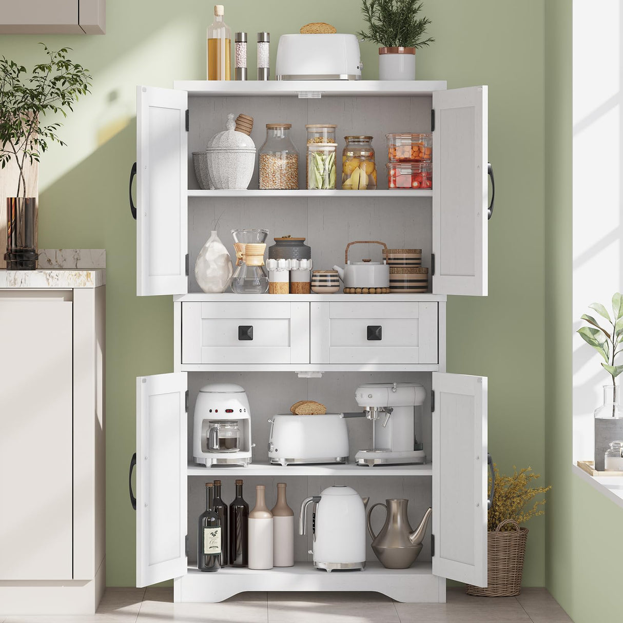 Farmhouse Bathroom Storage Cabinet with 2 Drawers and Barn Doors, Kitchen Pantry Cabinet, Freestanding Storage Cabinet with Adjustable Shelves for Bathroom, Living Room, Kitchen.(Unique White). Vabches