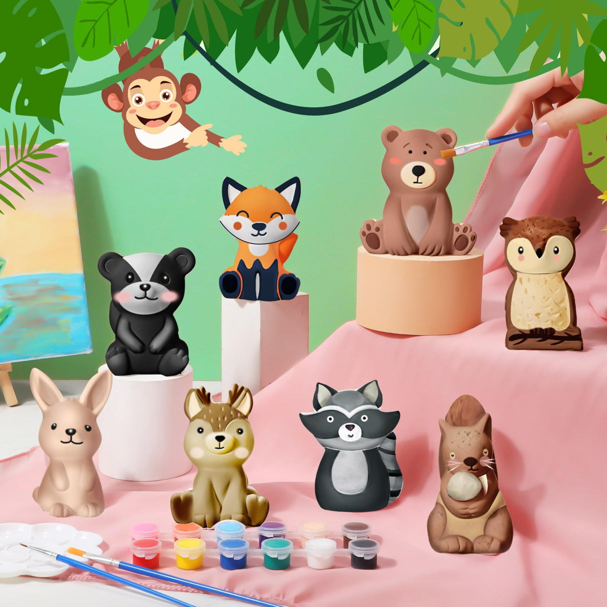 Reallnaive 8 Pack Woodland Animal Ceramics to Paint Ready to Your Own Gnome Statues 3.94" Jungle Theme Paintable Figurines DIY Unpainted Safari Animal Plaster Crafts Kit with Brush Palette Paint Reallnaive